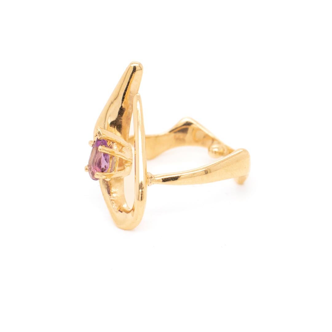 Space Age 14k Gold & Amethyst Modernist Ring For Sale 1