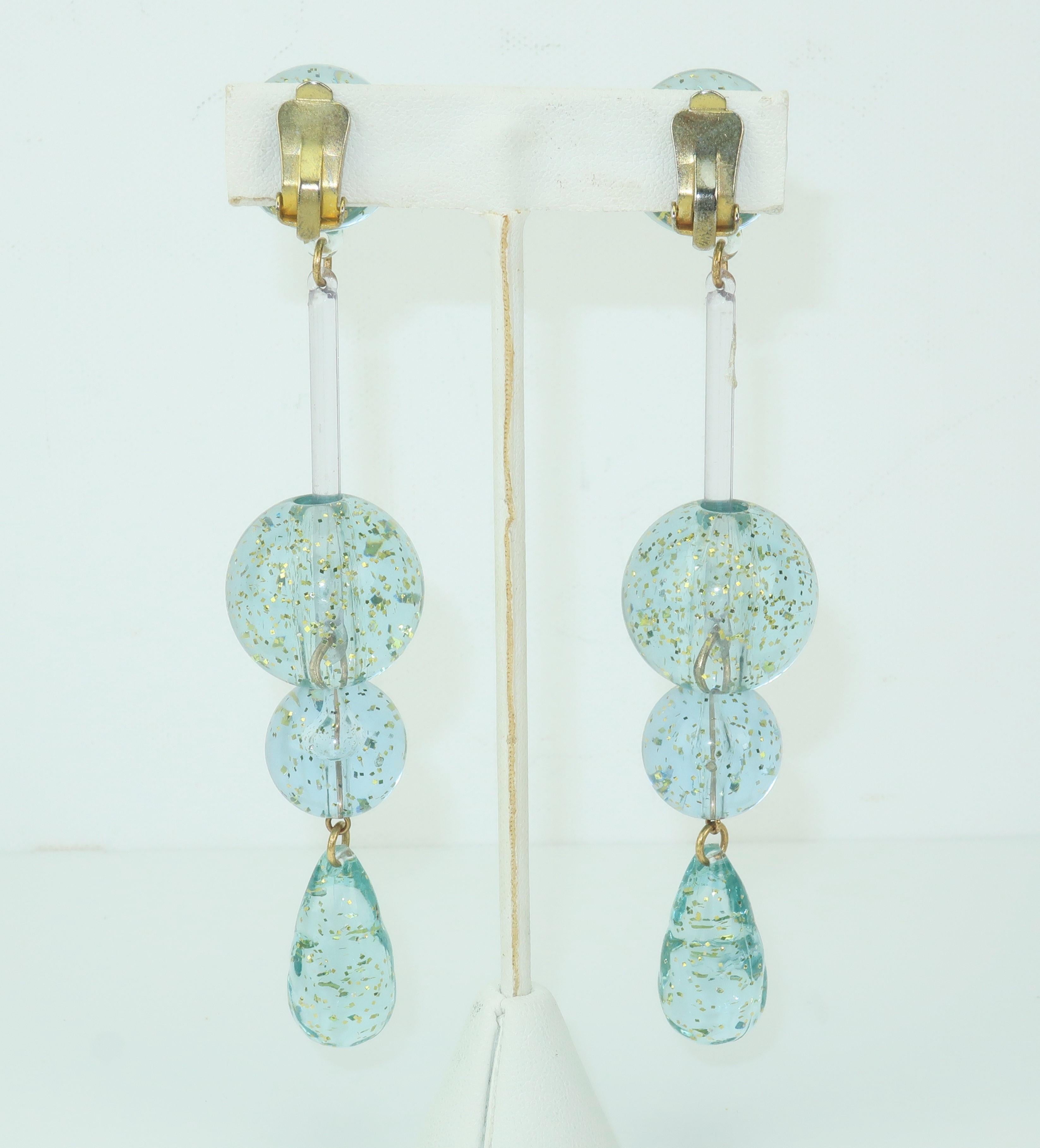 Women's Space Age 1960's Ice Blue & Gold Fleck Acrylic Drop Earrings