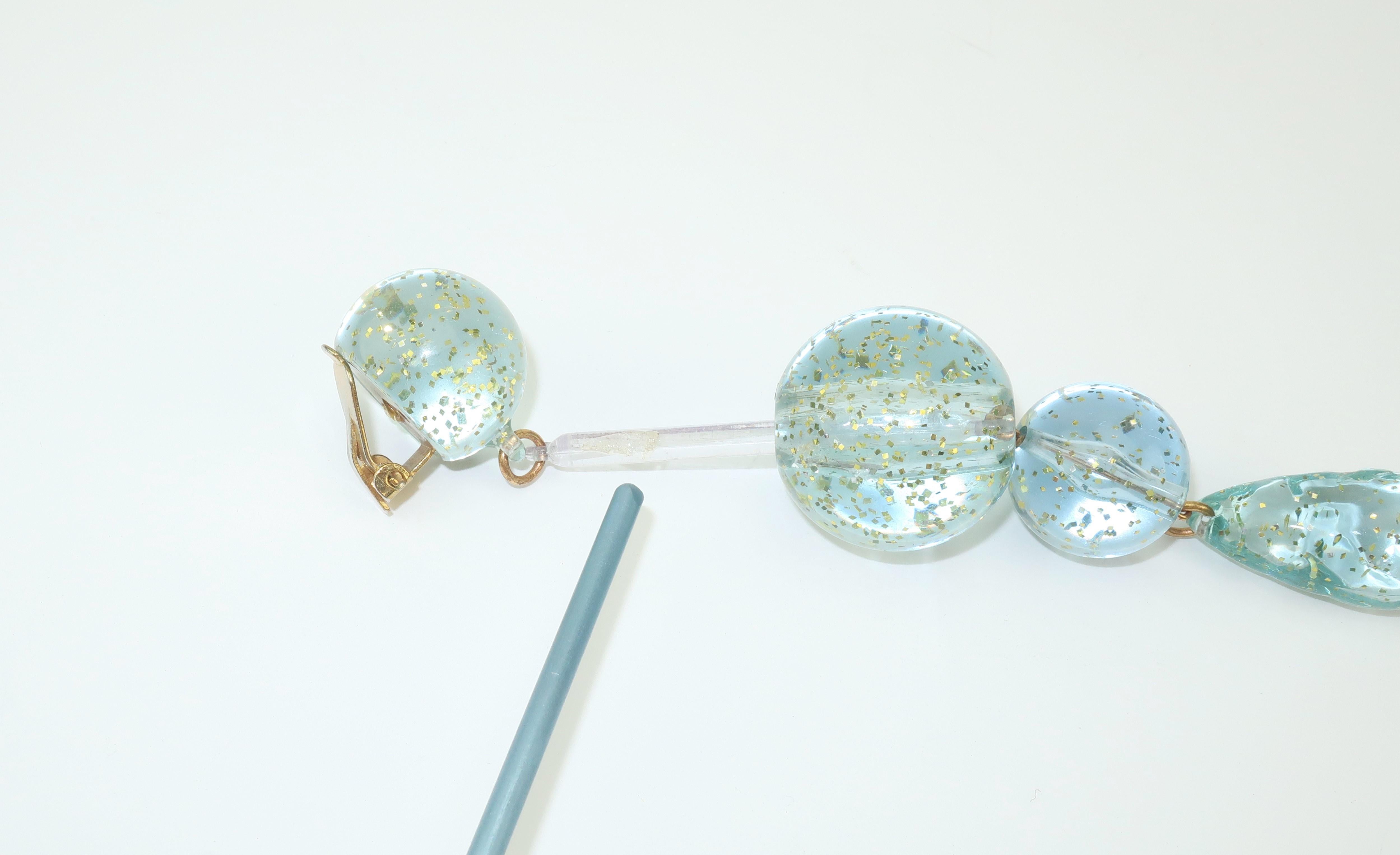 Space Age 1960's Ice Blue & Gold Fleck Acrylic Drop Earrings 4