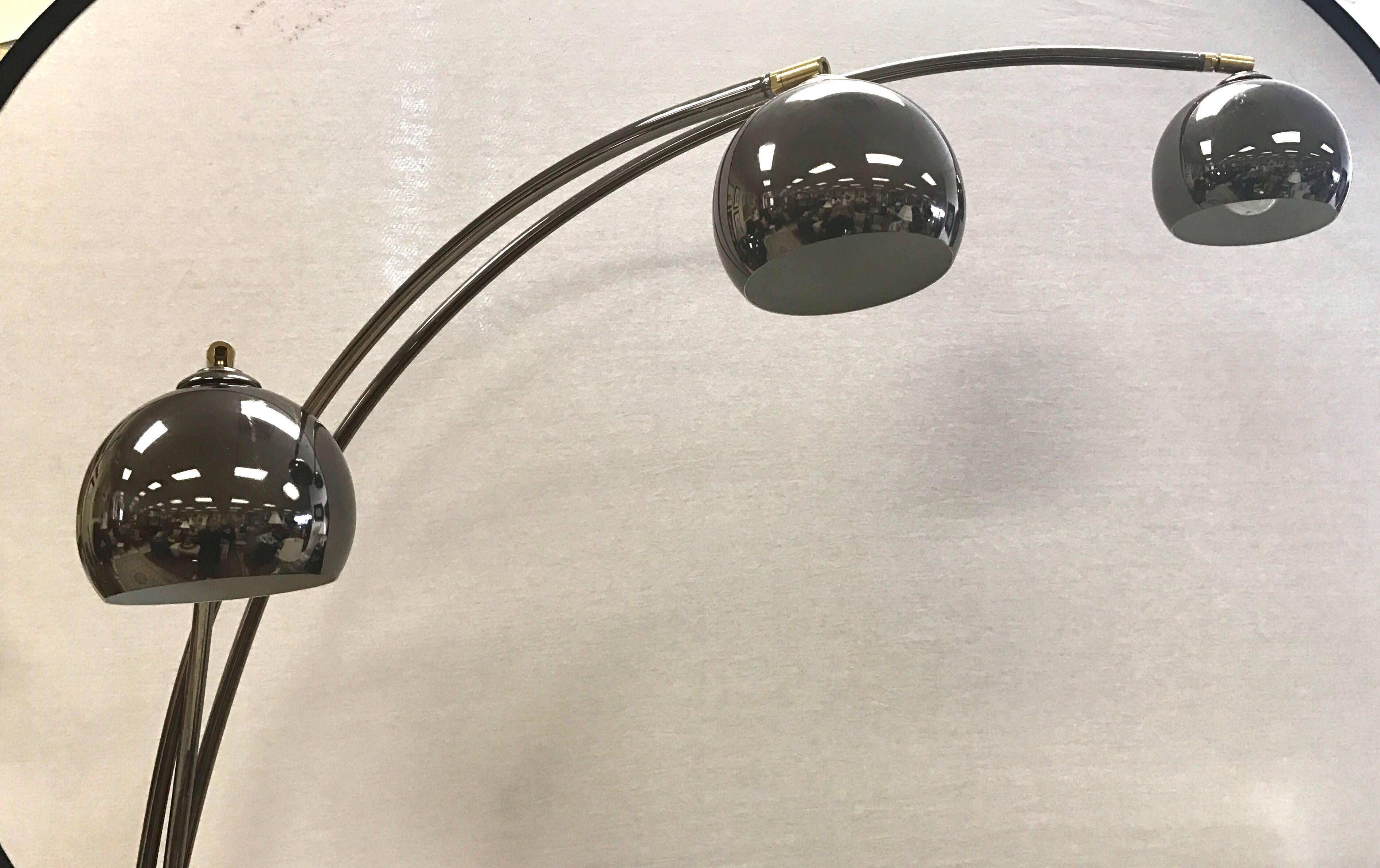 Space Age, 1970s Atomic Arco Arc Three-Arm Chrome Floor Lamp Carrera Marble Base In Excellent Condition In West Hartford, CT