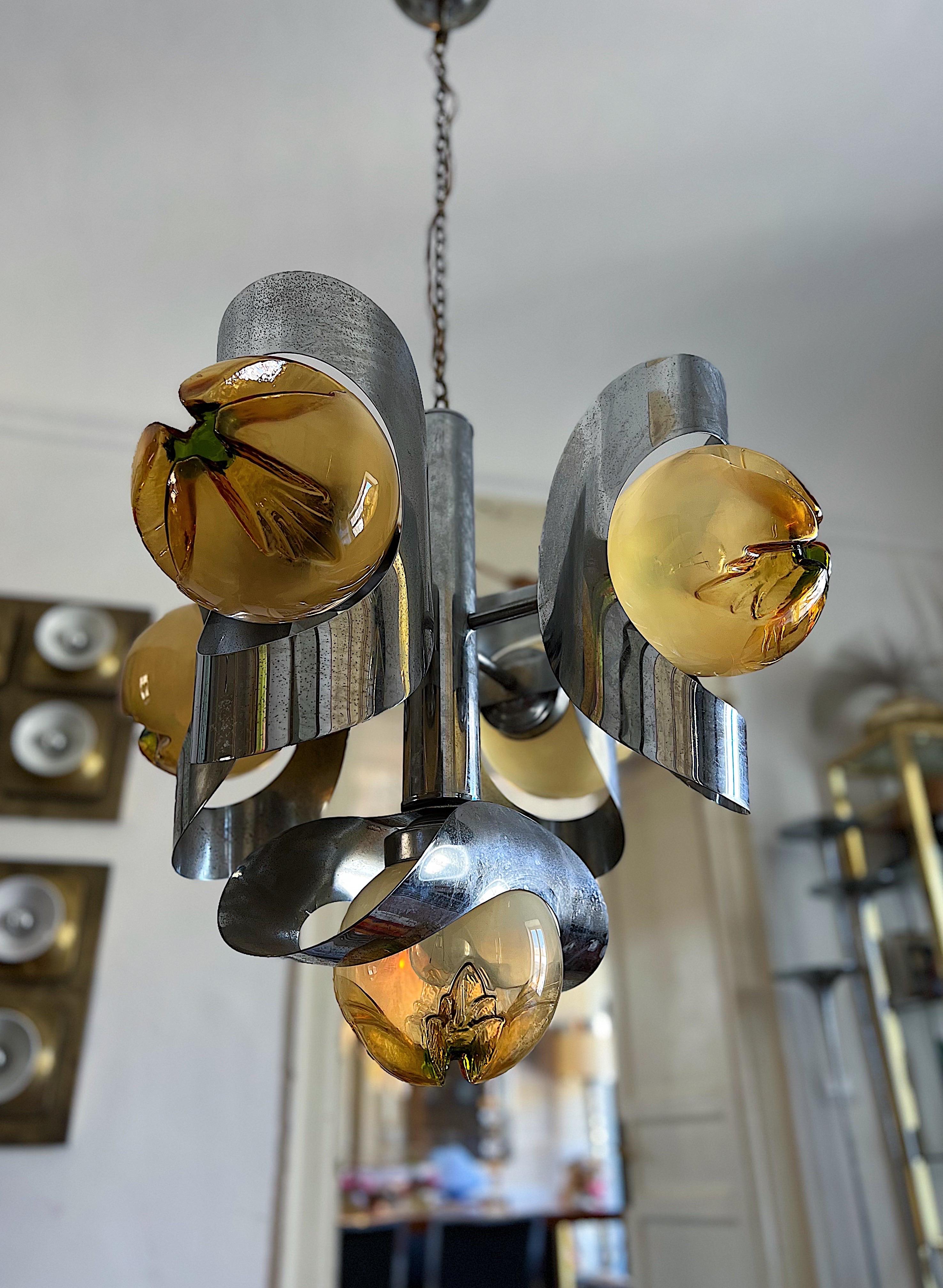 Metal Space Age 1970s Chandelier by Mazzega in Murano Glass For Sale