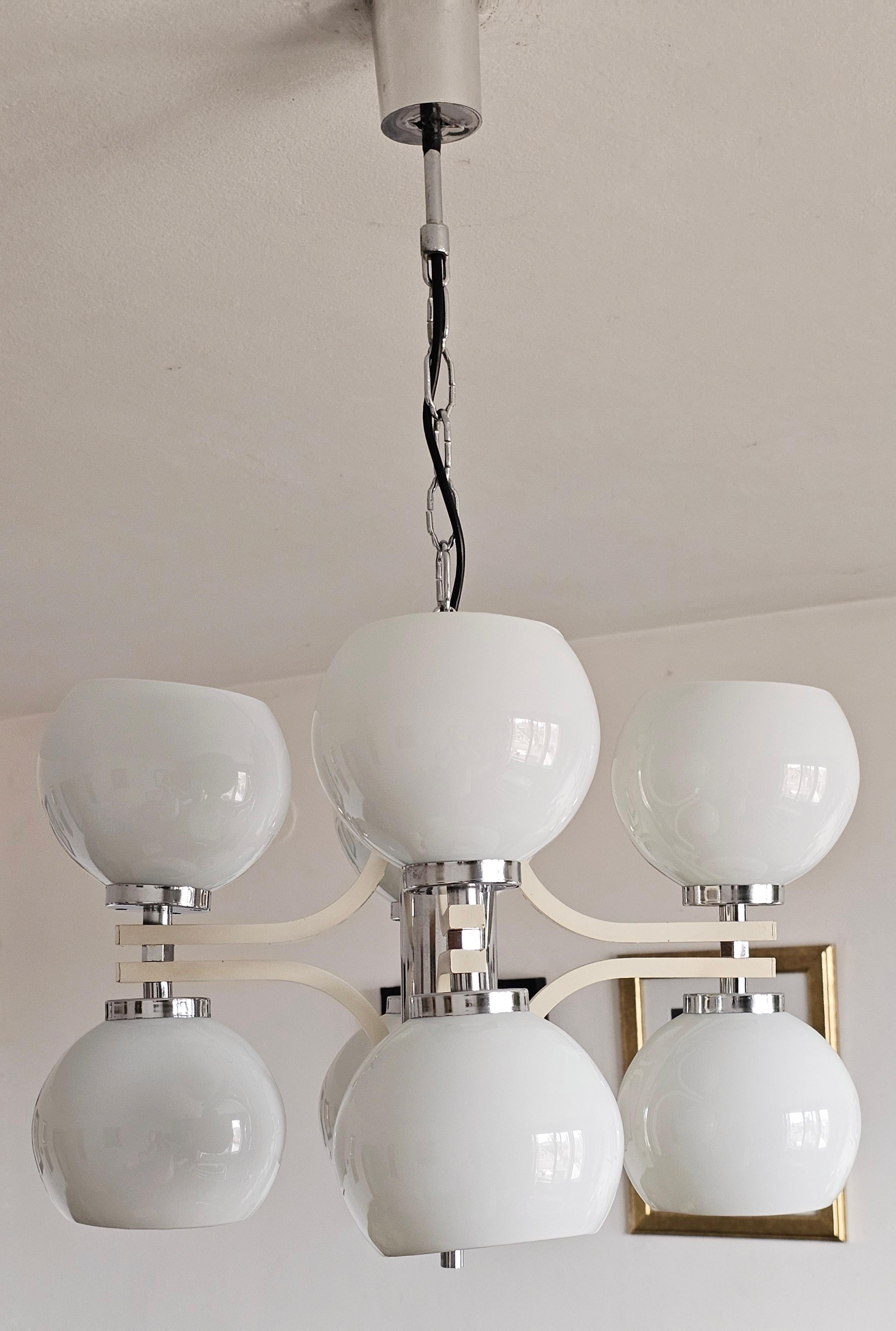 Space Age 8-Light Chandelier with While Glass Shades, Yugoslavia 1970s For Sale 5
