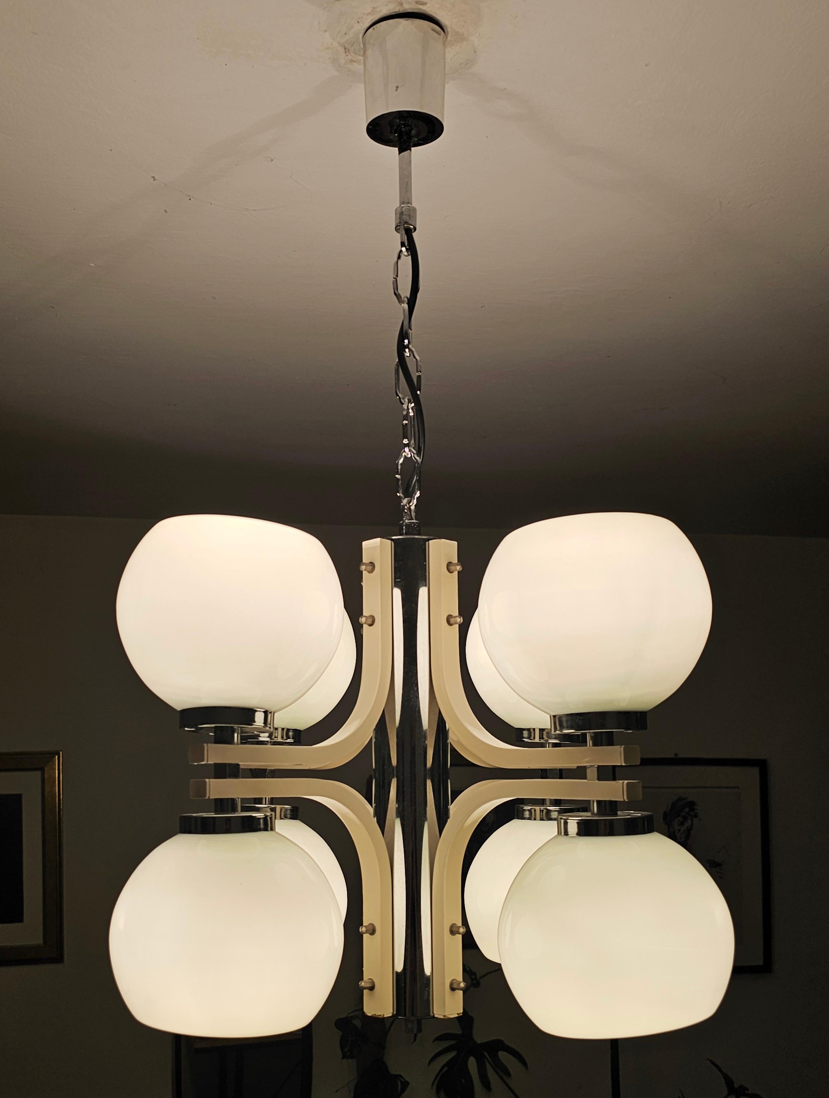 Space Age 8-Light Chandelier with While Glass Shades, Yugoslavia 1970s For Sale 6