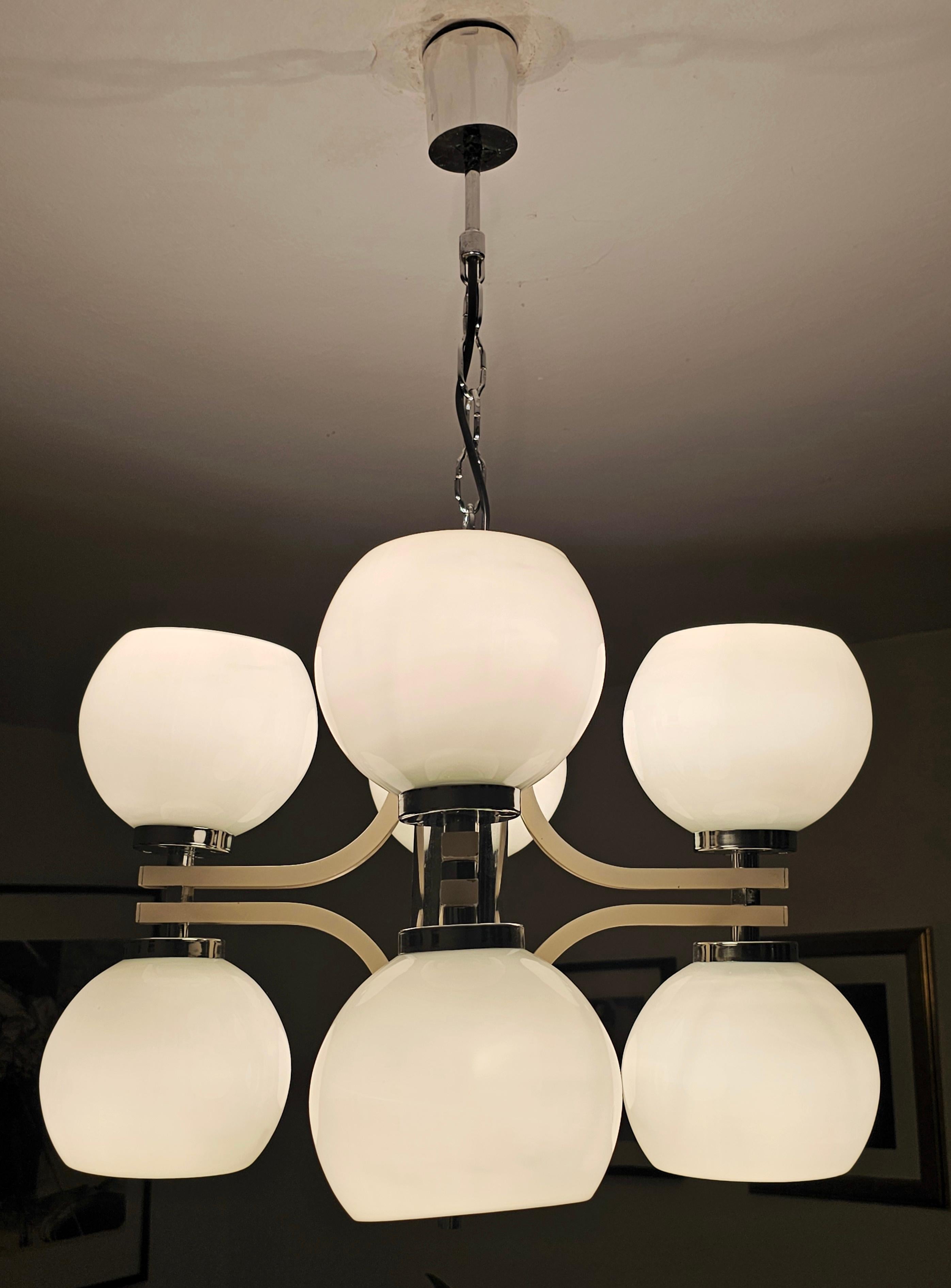 Space Age 8-Light Chandelier with While Glass Shades, Yugoslavia 1970s For Sale 8