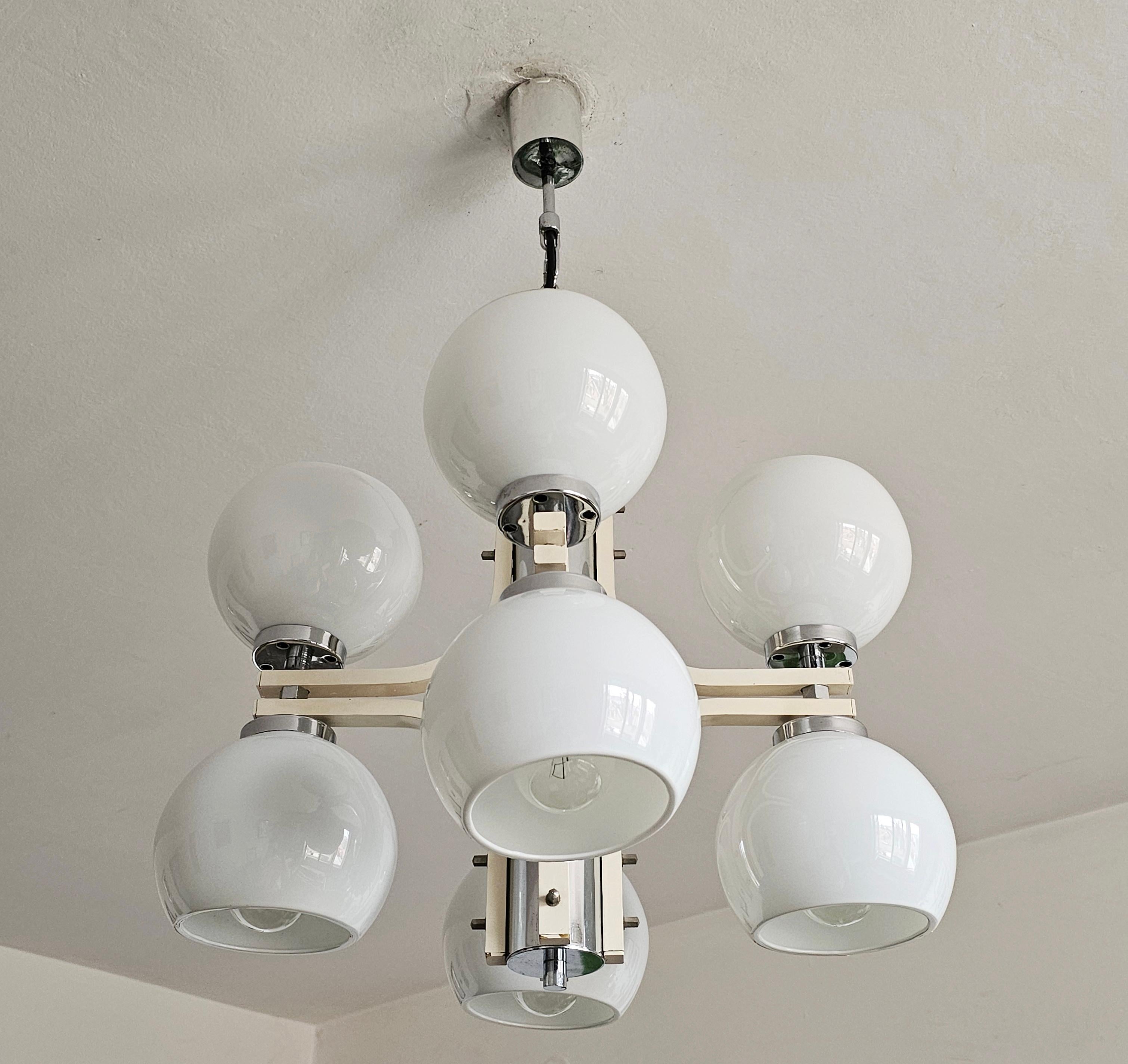 Slovenian Space Age 8-Light Chandelier with While Glass Shades, Yugoslavia 1970s For Sale