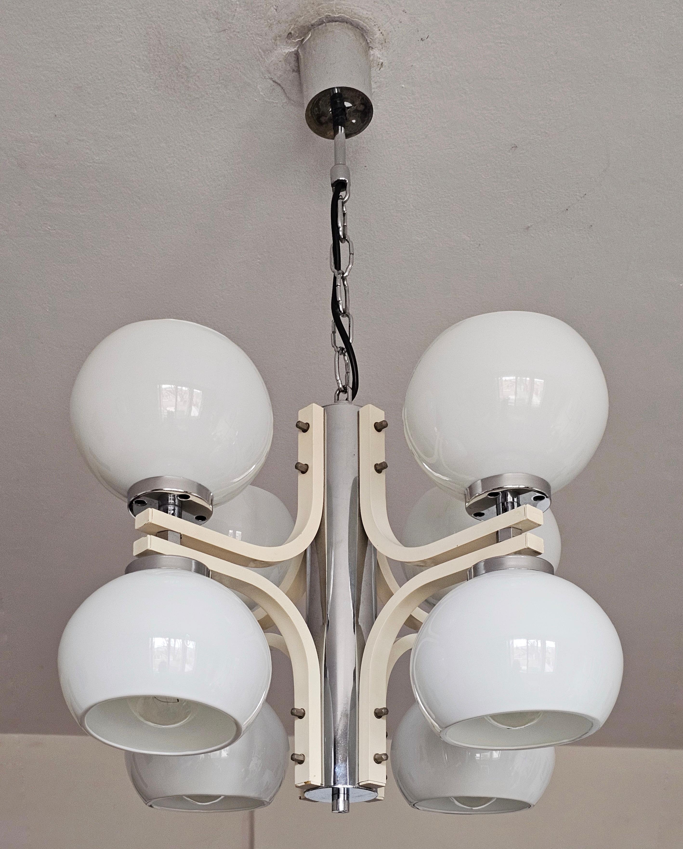 Late 20th Century Space Age 8-Light Chandelier with While Glass Shades, Yugoslavia 1970s For Sale