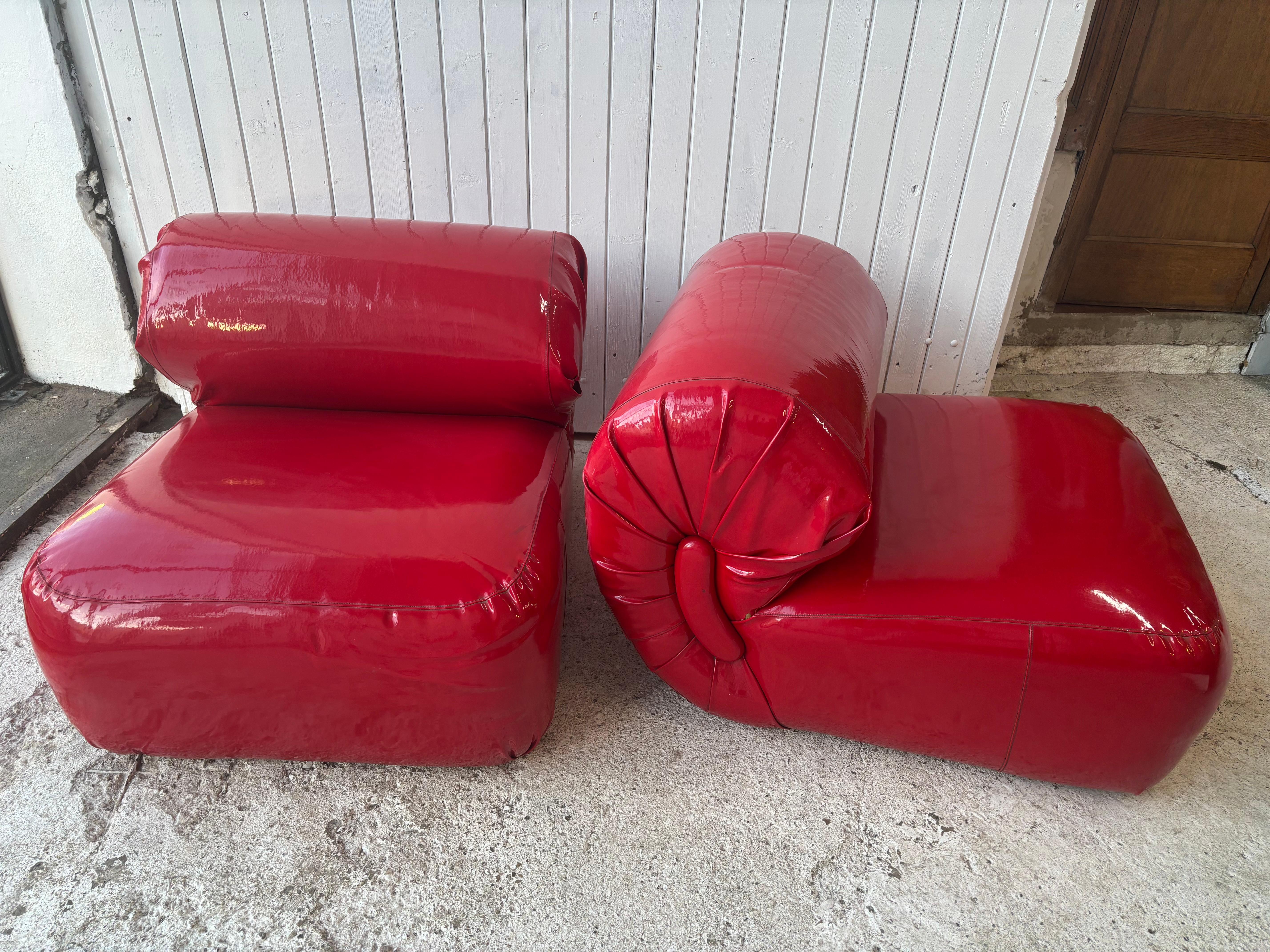 French Space Age Armchairs in Red Vinyl , 1970’s