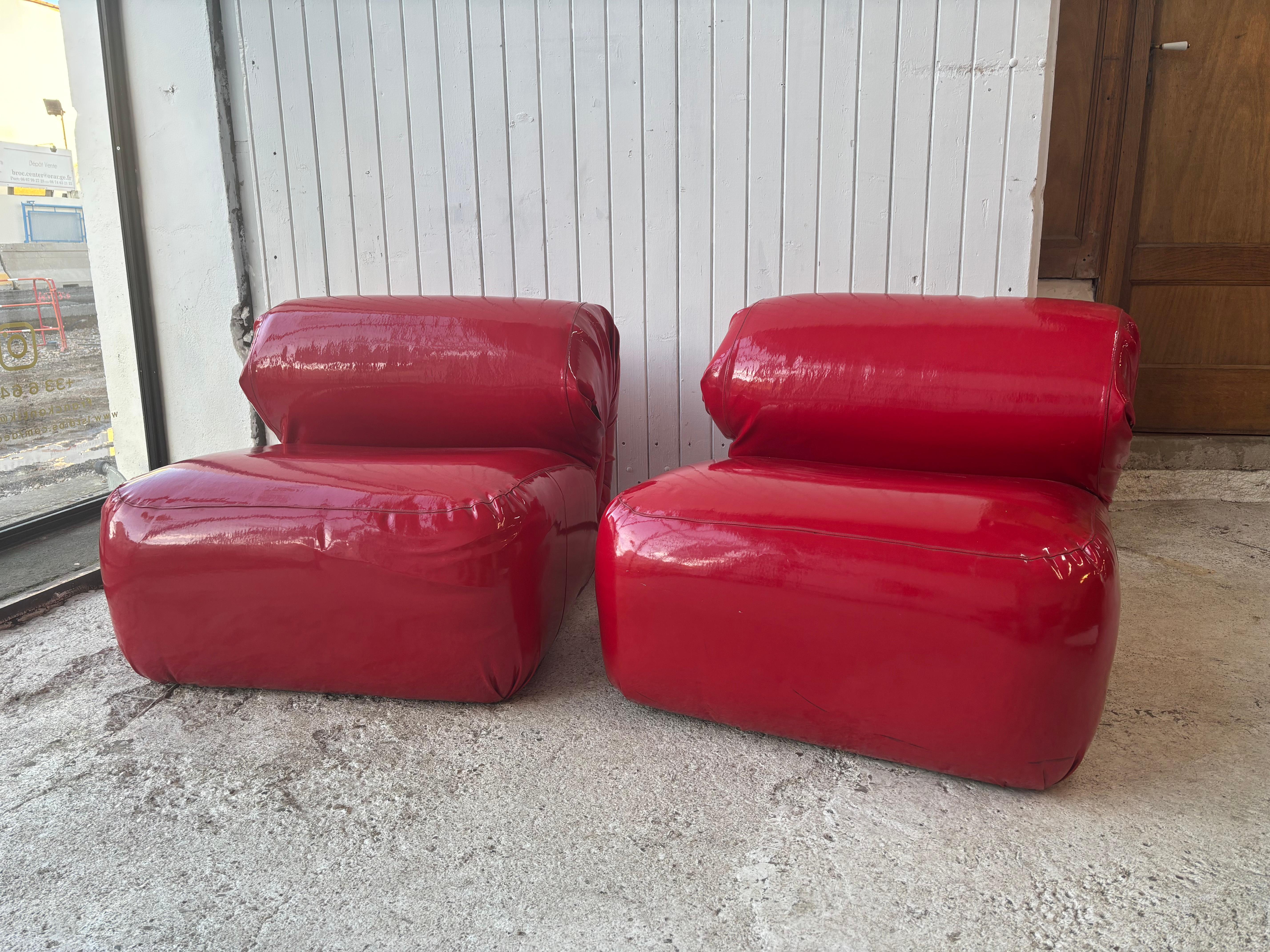 Space Age Armchairs in Red Vinyl , 1970’s In Good Condition In PÉZENAS, FR