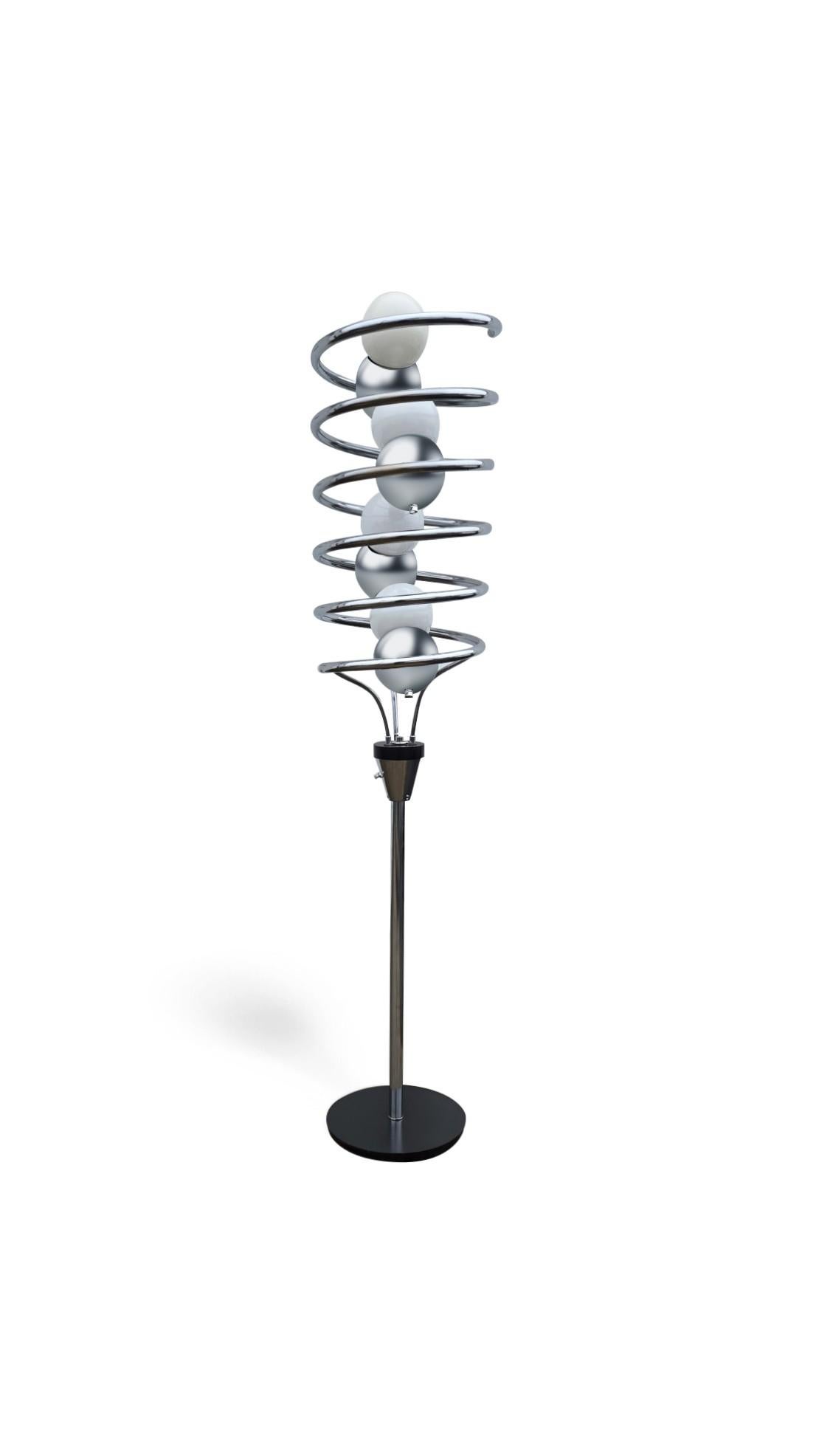 Metallo Lampada da terra a spirale in cromo atomico A Space AGE in vendita