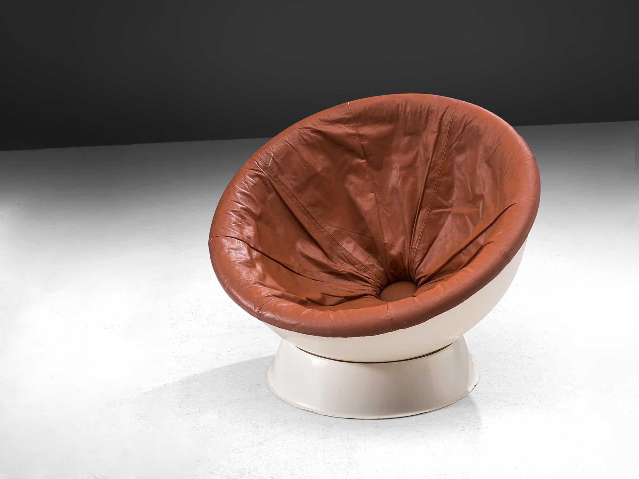 Italian Space Age Ball Chair in White Fiberglass and Brown Leather For Sale