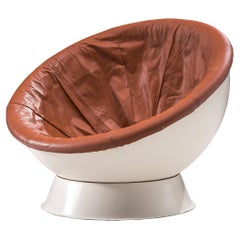 Space Age Ball Chair in White Fiberglass and Brown Leather