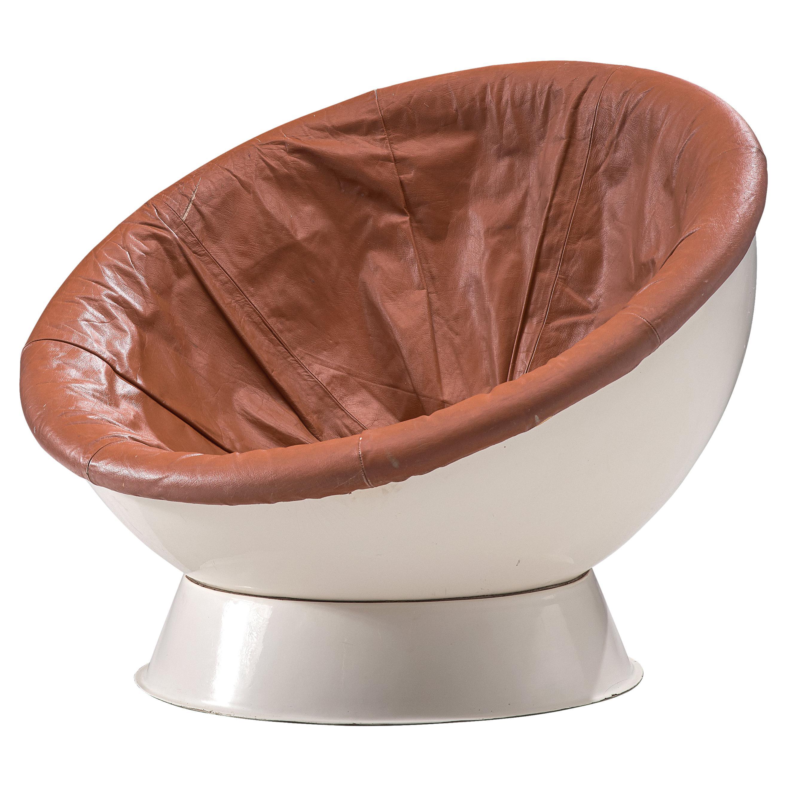 Space Age Ball Chair in White Fiberglass and Brown Leather For Sale