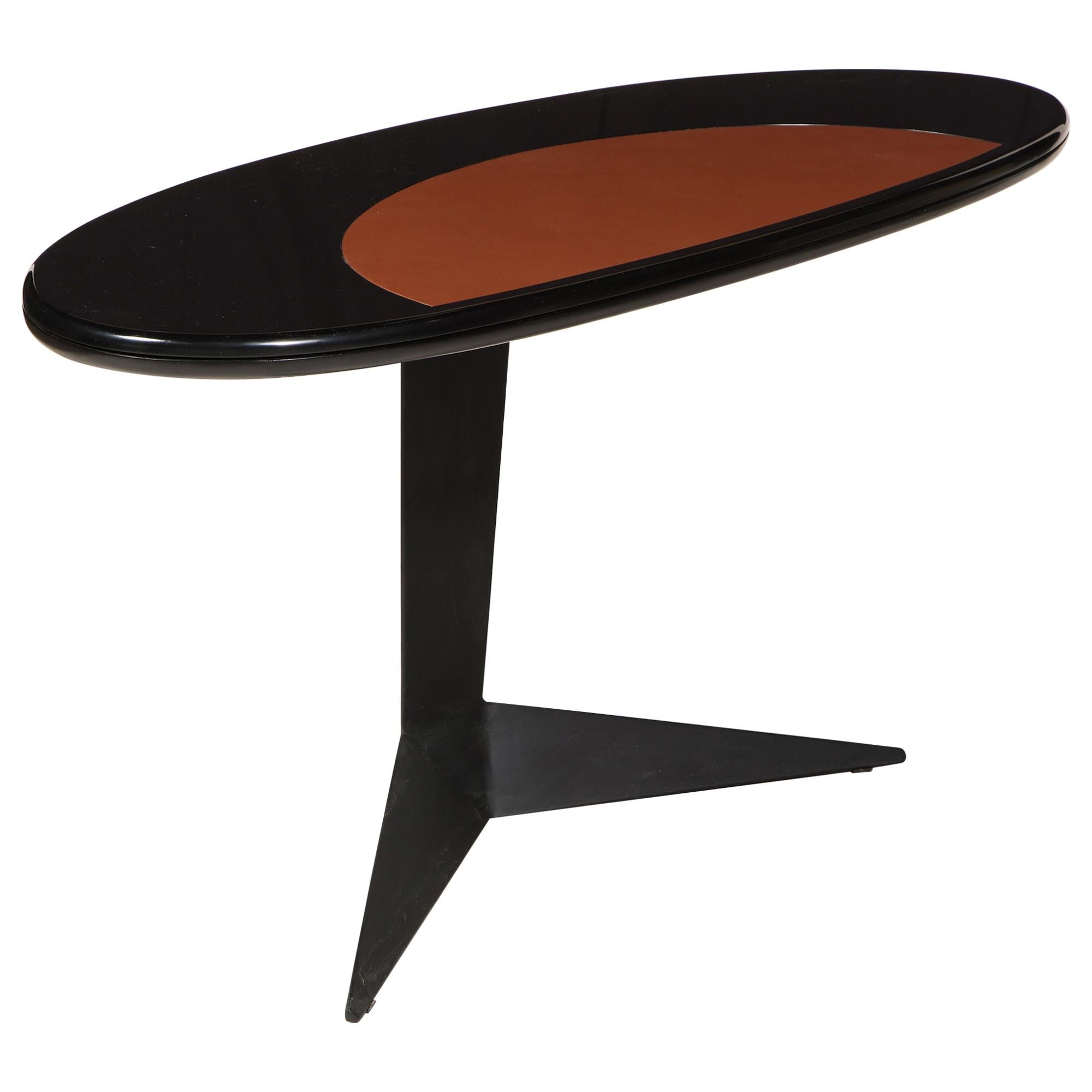 Space Age Black Brown Lacquer Steel Oval Desk Console Table, France, 1960s