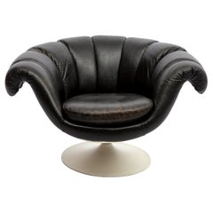 Space Age Unique Black Leather Swivel Chair, 1960s