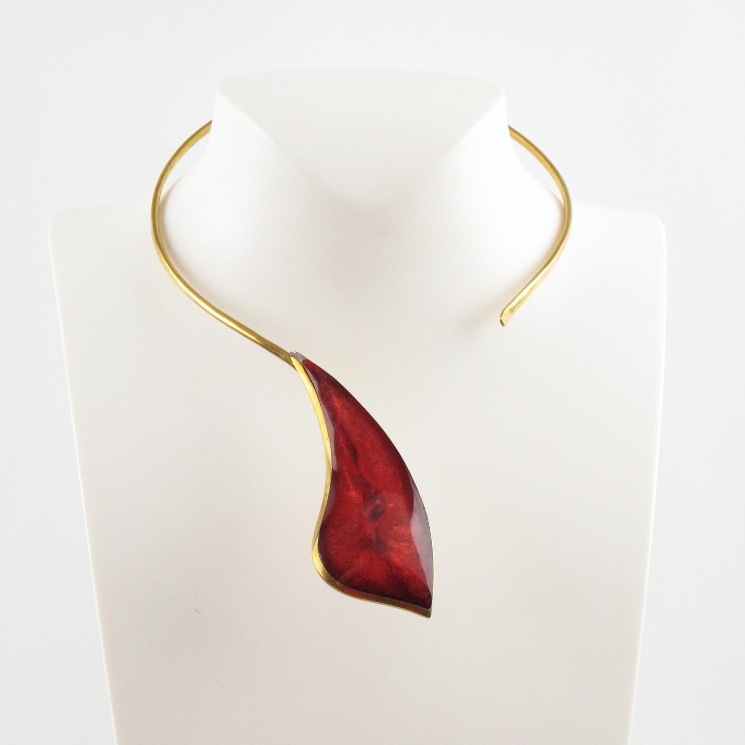 Modernist Space Age Brass and Red Resin Drop Necklace