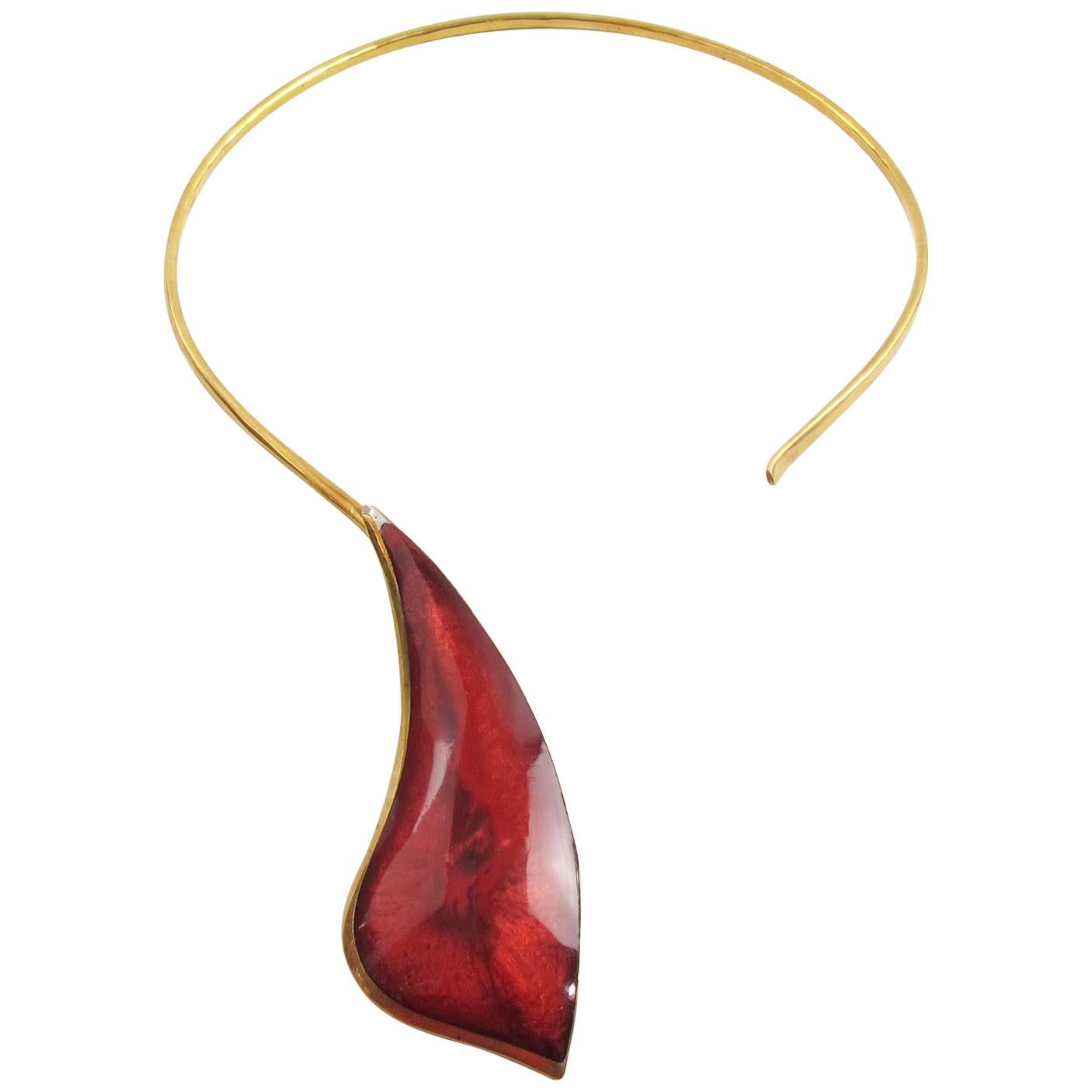 Space Age Brass and Red Resin Drop Necklace