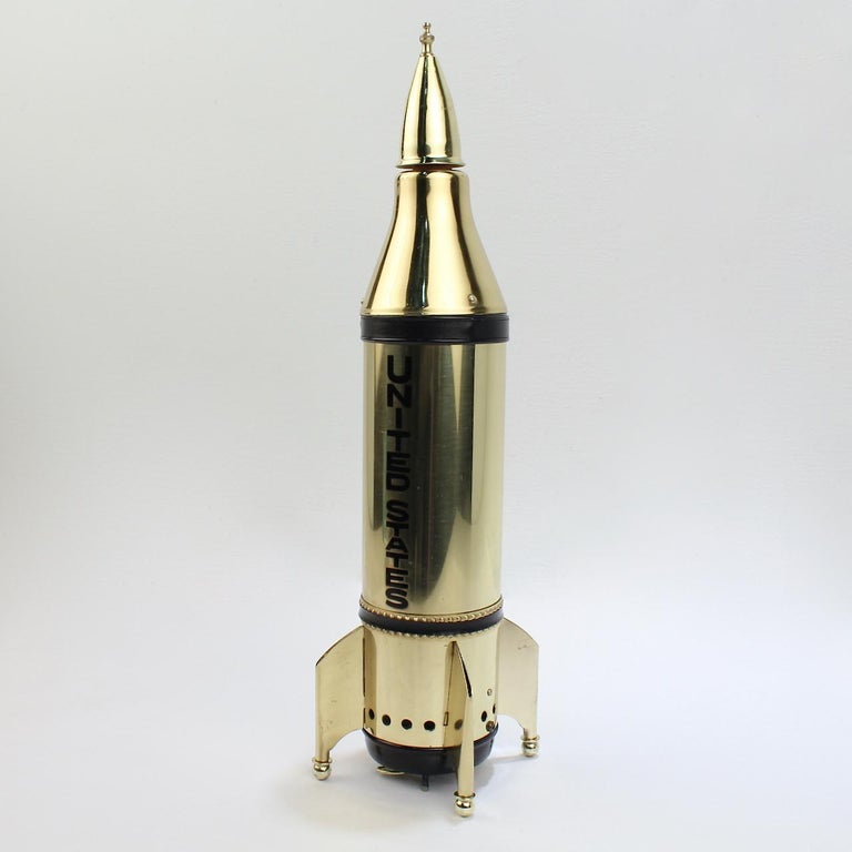 Mid-Century Modern Space Age Brass Rocket Ship Novelty Decanter or Liquor Bottle