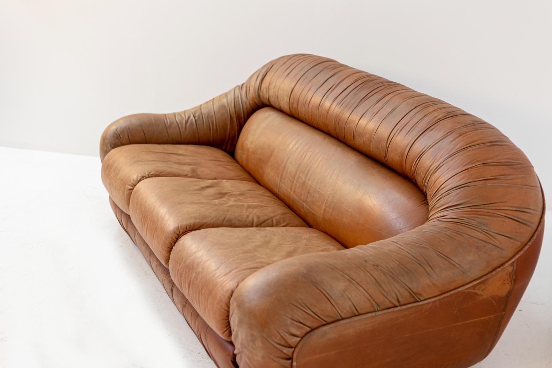 Italian Space Age Brown Leather Sofa with Three Seats