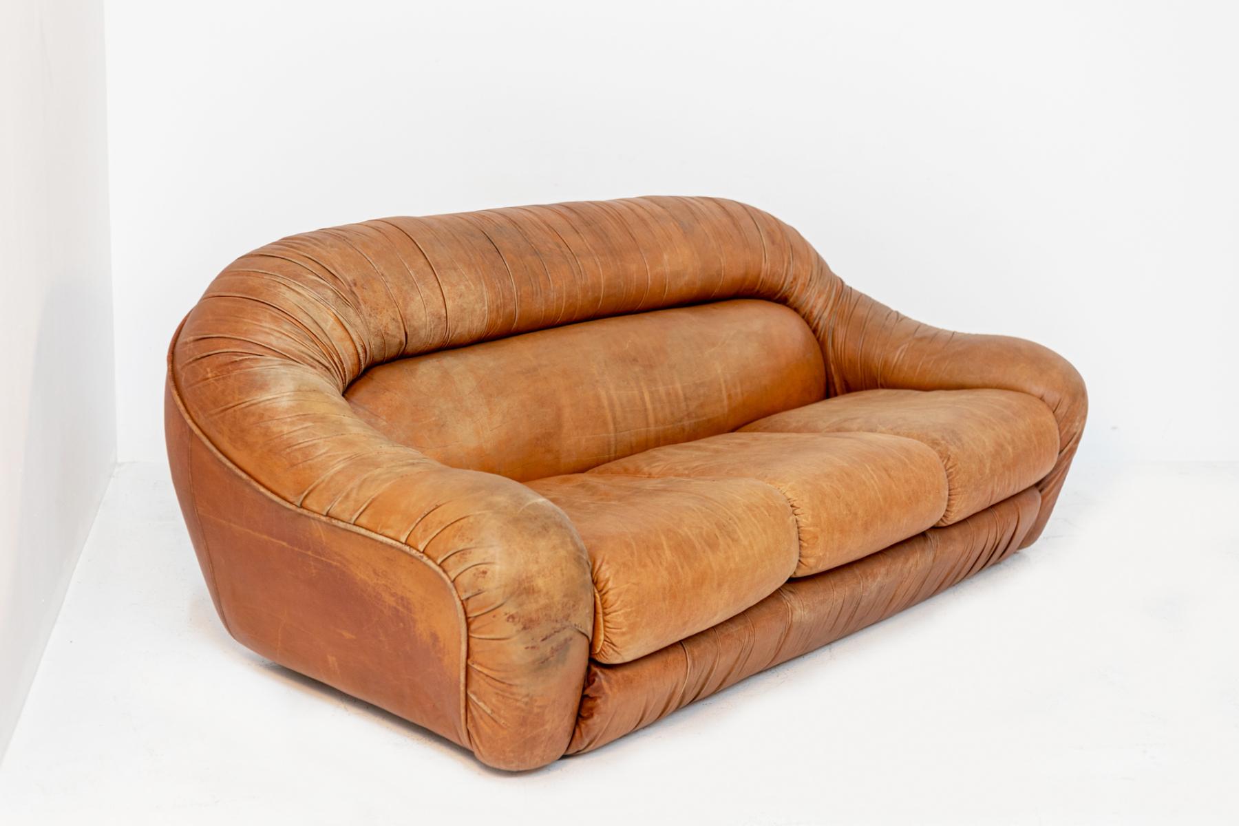 Space Age Brown Leather Sofa with Three Seats 4