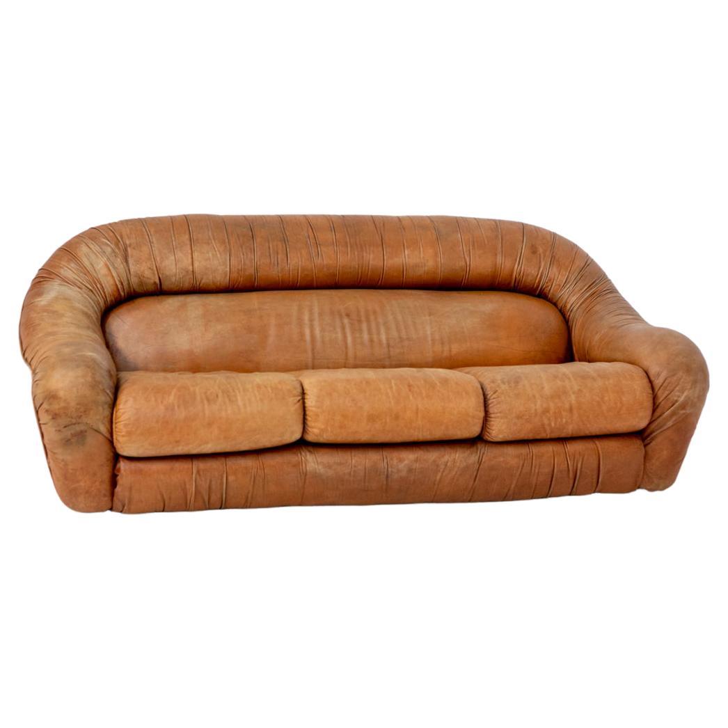Space Age Brown Leather Sofa with Three Seats