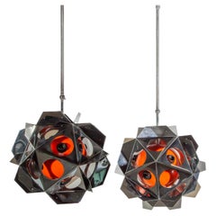Space Age Bruno Munari Style Set of Two Orange Geometric Chandeliers