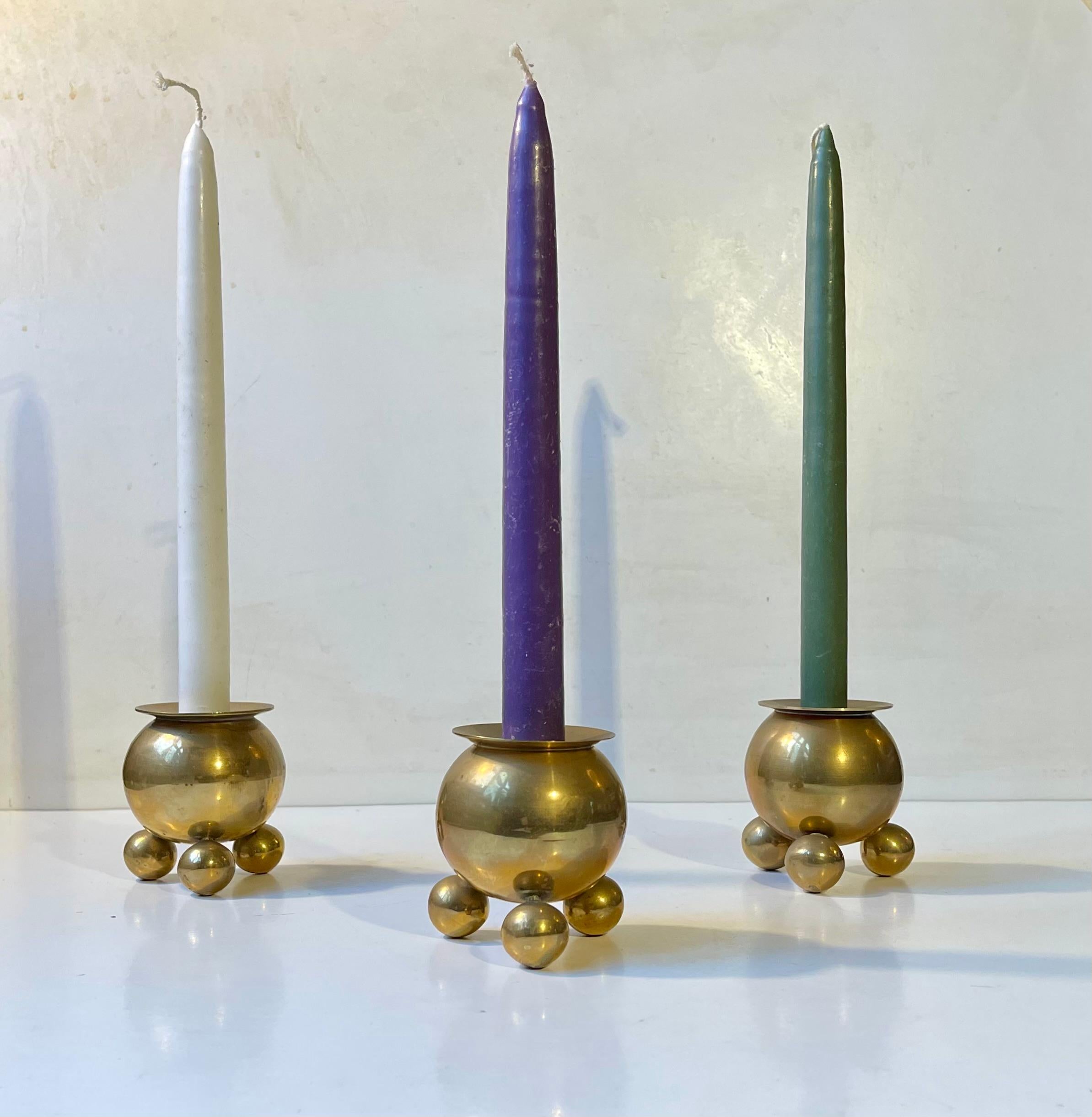 Mid-20th Century Space Age Cauldron Brass Candlesticks, Scandinavian 1950s For Sale
