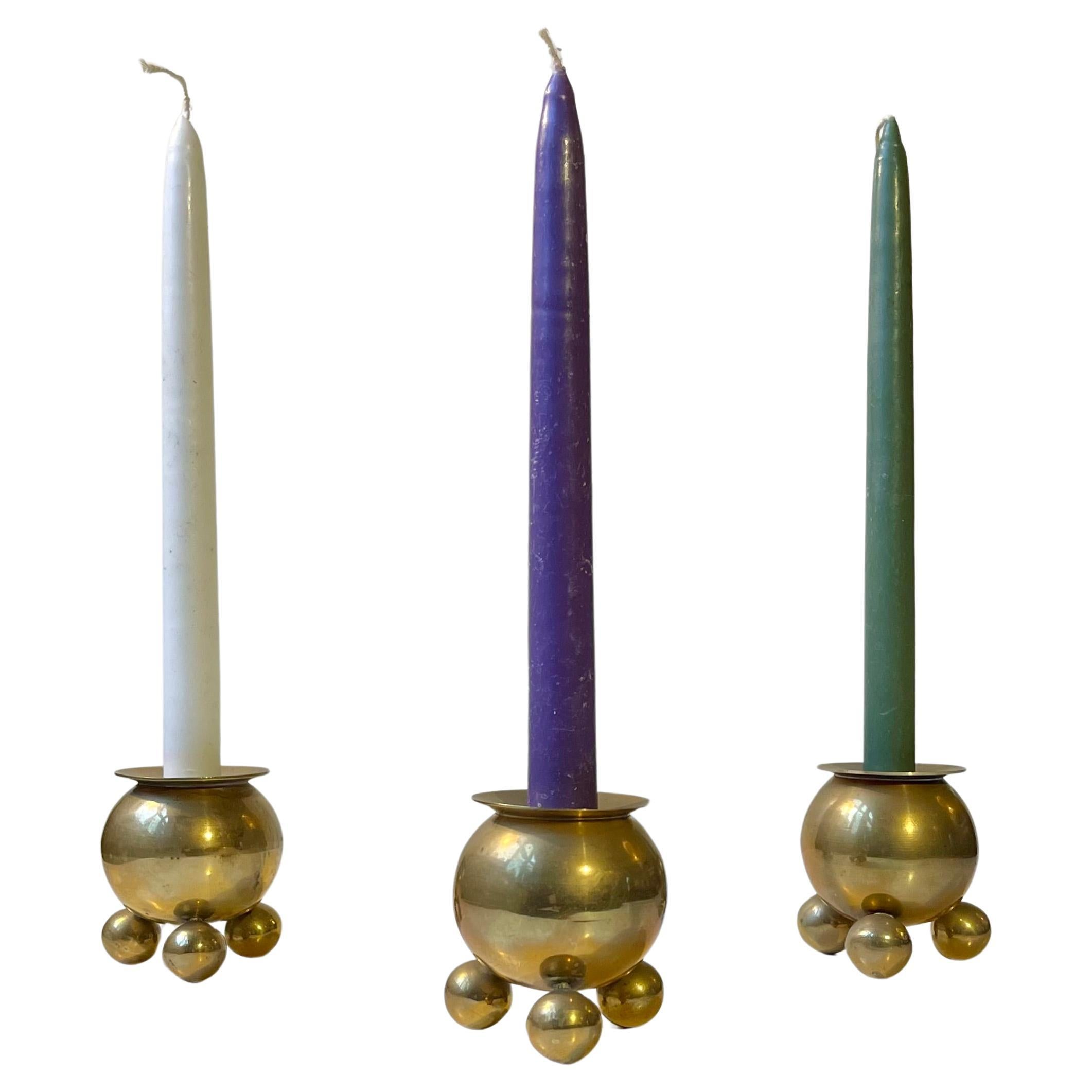 Space Age Cauldron Brass Candlesticks, Scandinavian 1950s