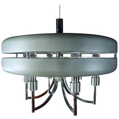 Space Age Chrome and Brushed Alloy UFO Pendant Lamp, 1970s, Italy