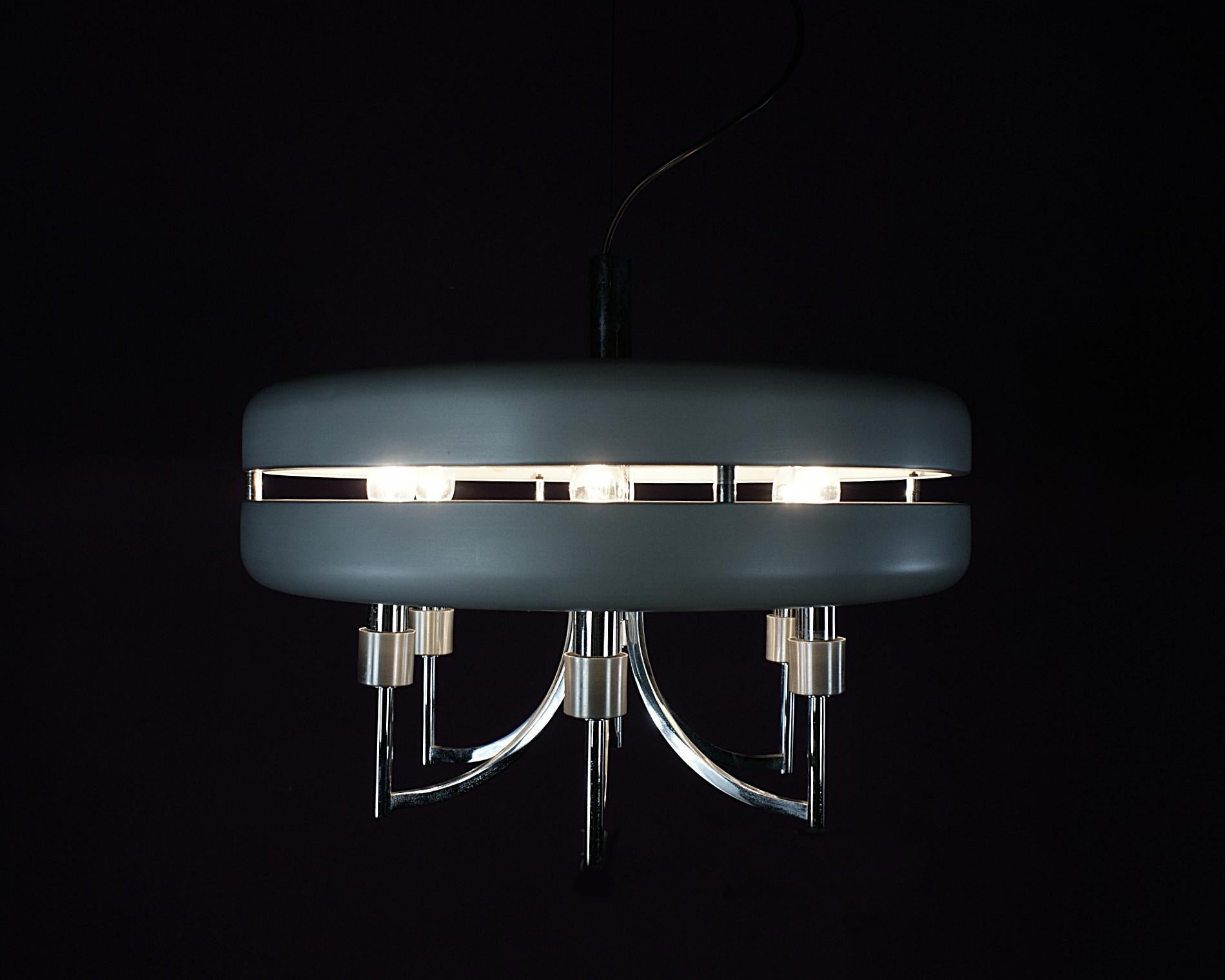 Space Age Chrome and Brushed Alloy UFO Pendant Lamp, 1970s, Italy For Sale 4