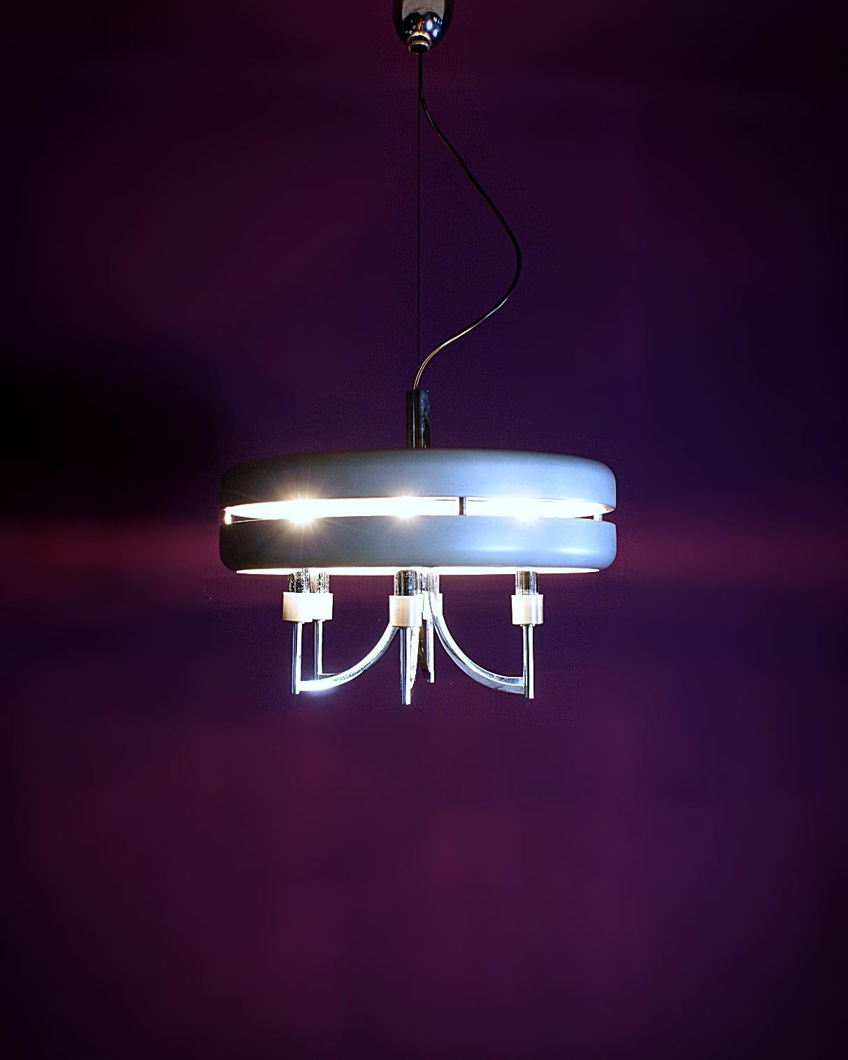 Space Age Chrome and Brushed Alloy UFO Pendant Lamp, 1970s, Italy For Sale 7