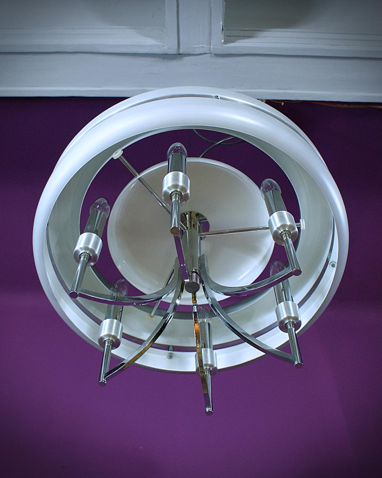 20th Century Space Age Chrome and Brushed Alloy UFO Pendant Lamp, 1970s, Italy For Sale