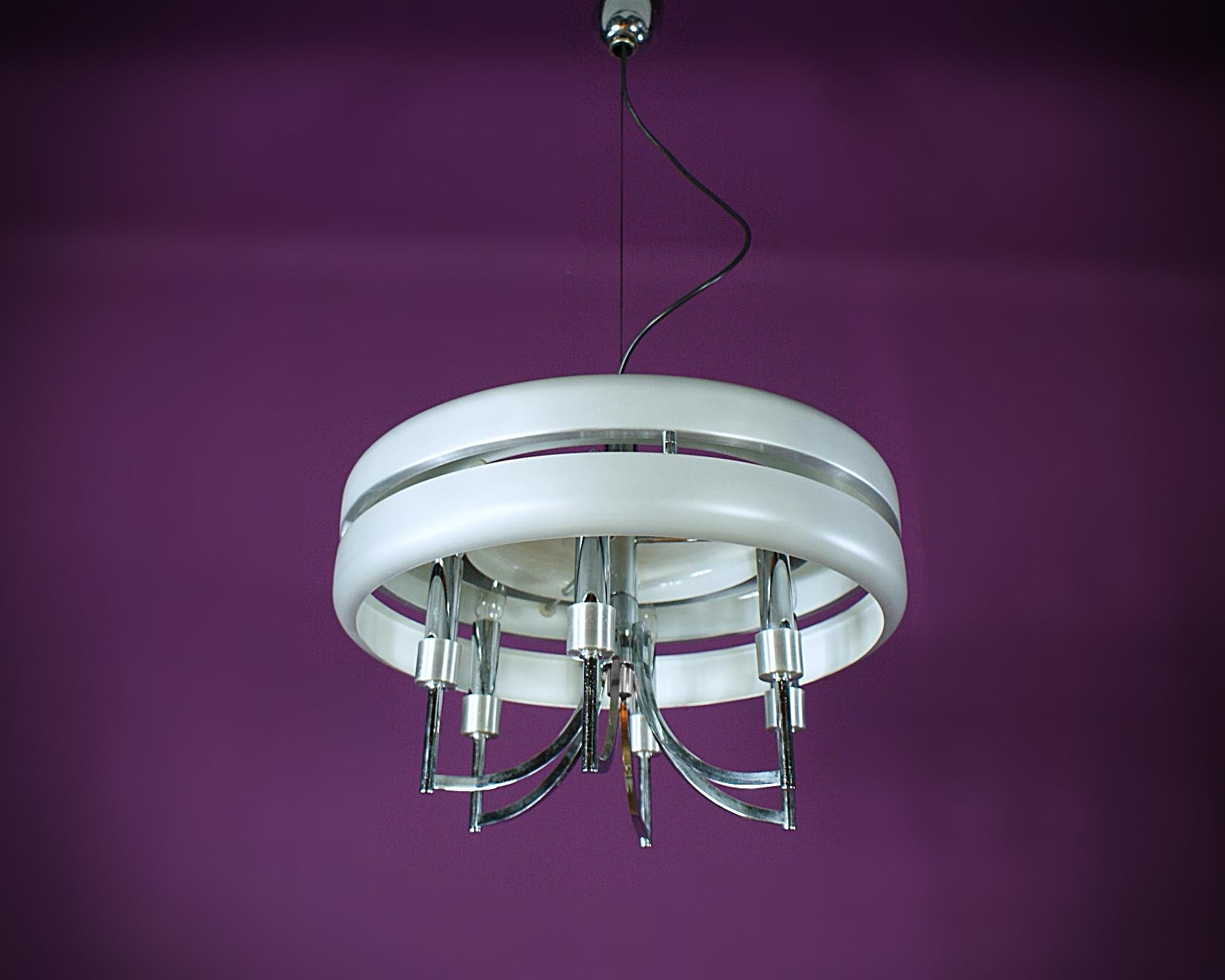 Aluminum Space Age Chrome and Brushed Alloy UFO Pendant Lamp, 1970s, Italy For Sale
