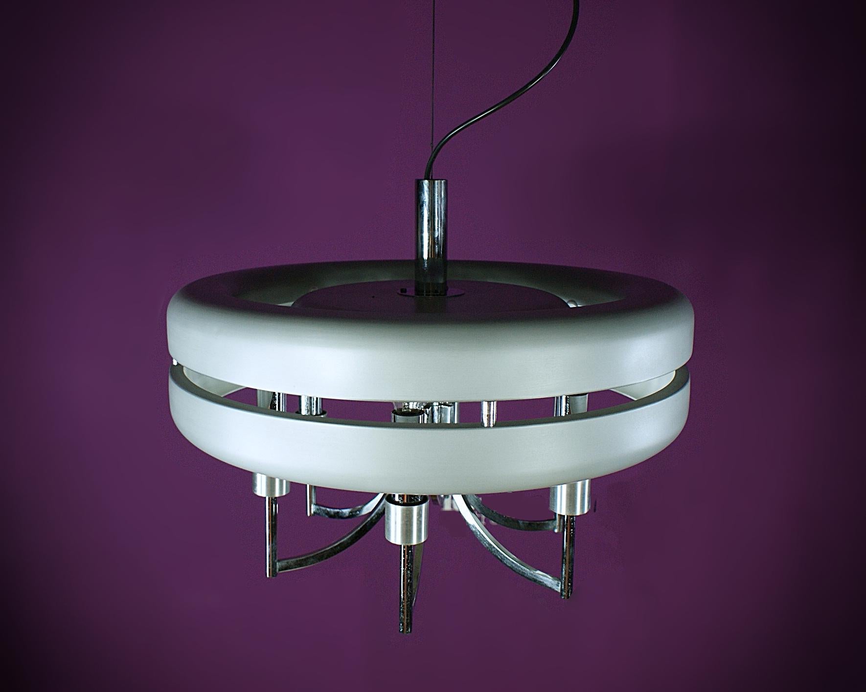Space Age Chrome and Brushed Alloy UFO Pendant Lamp, 1970s, Italy For Sale 3