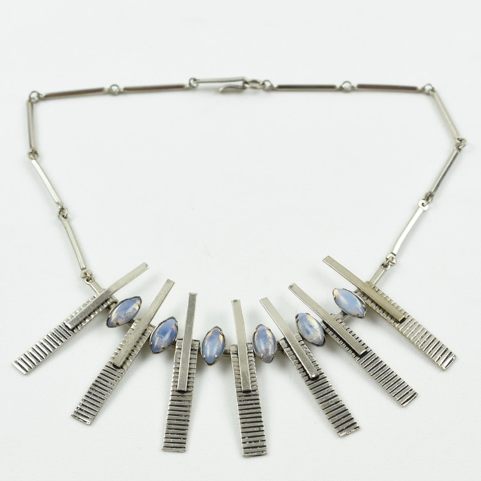 Modernist Space Age Chrome Choker Necklace with Blue Glass Cabochons For Sale