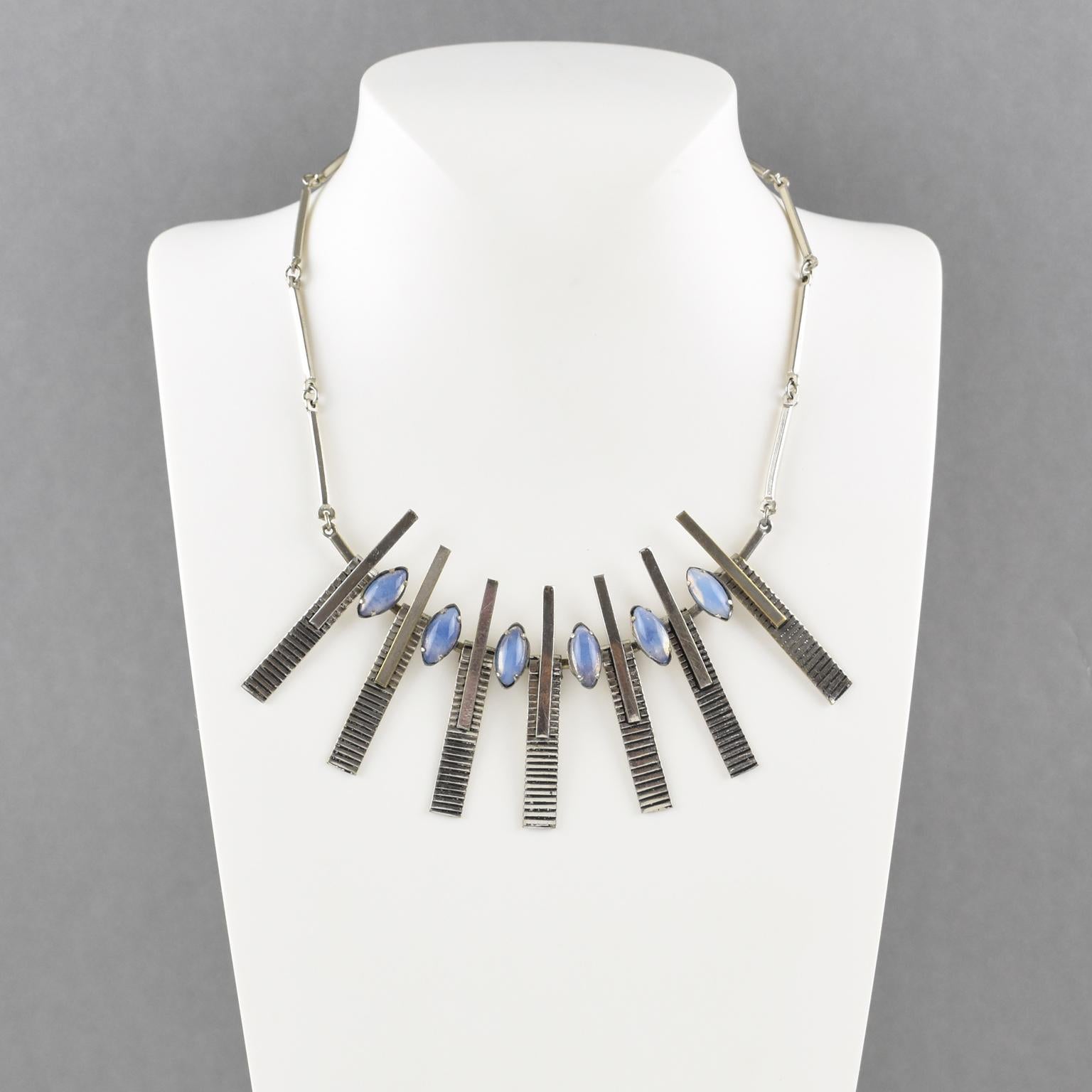 Space Age Chrome Choker Necklace with Blue Glass Cabochons In Good Condition For Sale In Atlanta, GA