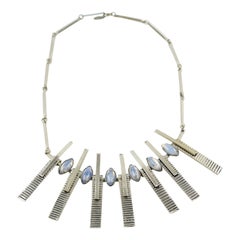 Space Age Chrome Choker Necklace with Blue Glass Cabochons