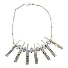 Retro Space Age Chrome Choker Necklace with Blue Glass Cabochons