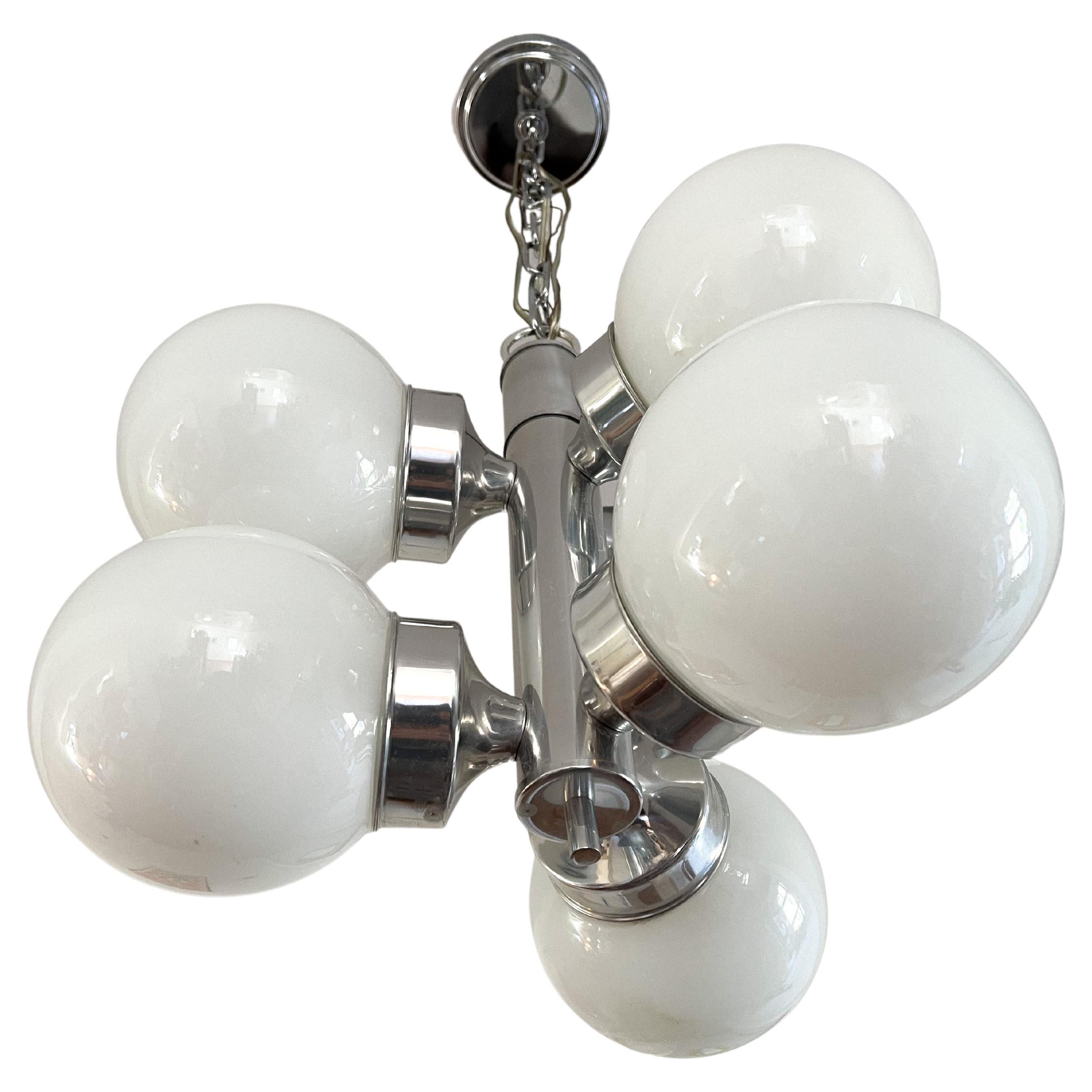 Space Age Chrome & Opaline Italian Chandelier in the style of Reggiani For Sale