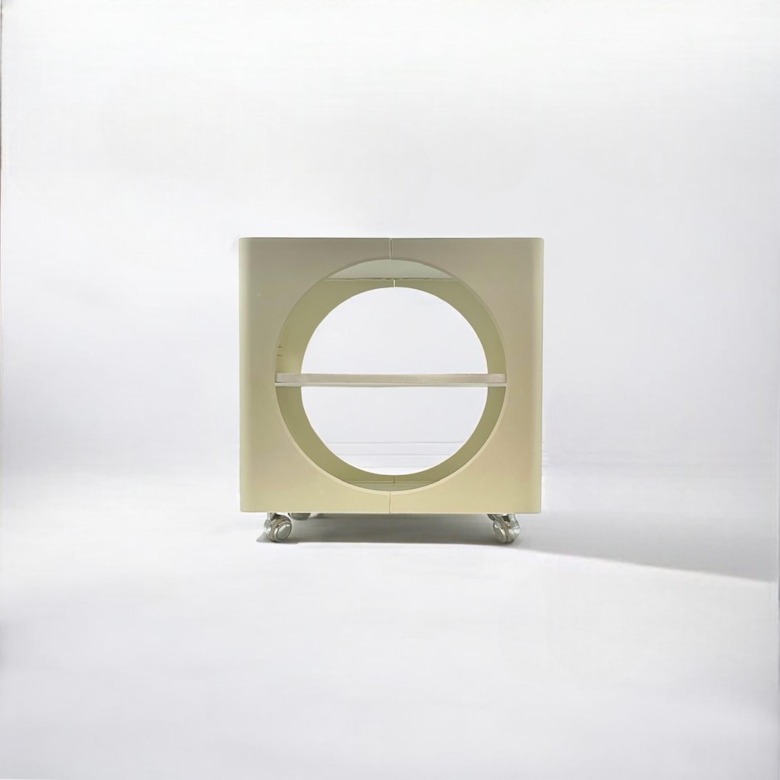 Metal Space Age Design Table in Glossy Plastic and Wood with Rounded Cutouts, 1970s For Sale