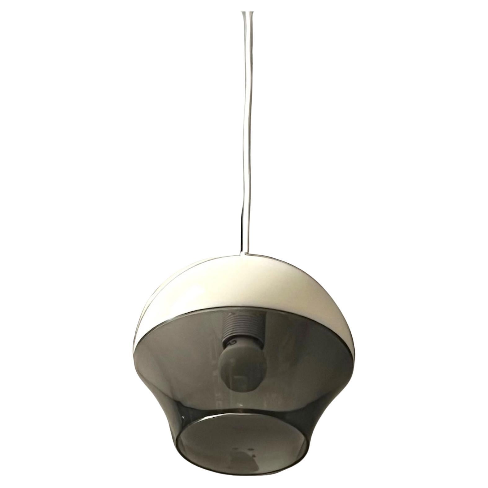 Discover the allure of the Space Age with this stunning UFO lamp, crafted in Italy during the 1970s. The lamp features a unique two-color acrylic design, combining a white half-globe with a grey translucent light diffuser. Its distinctive shape