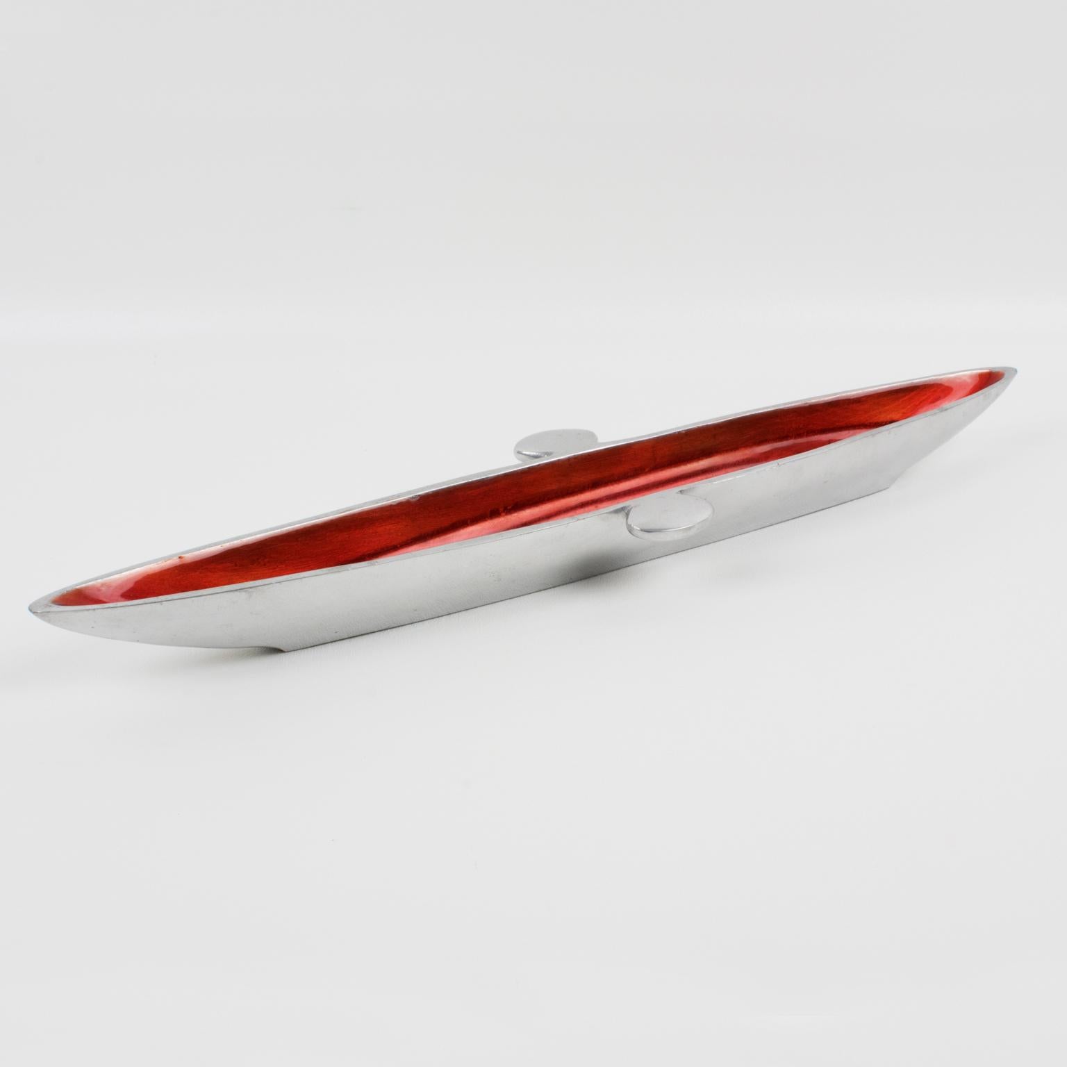 Space Age Vide Poche, Bowl, Catchall or Desk Tidy Aluminum and Red Enamel In Excellent Condition In Atlanta, GA