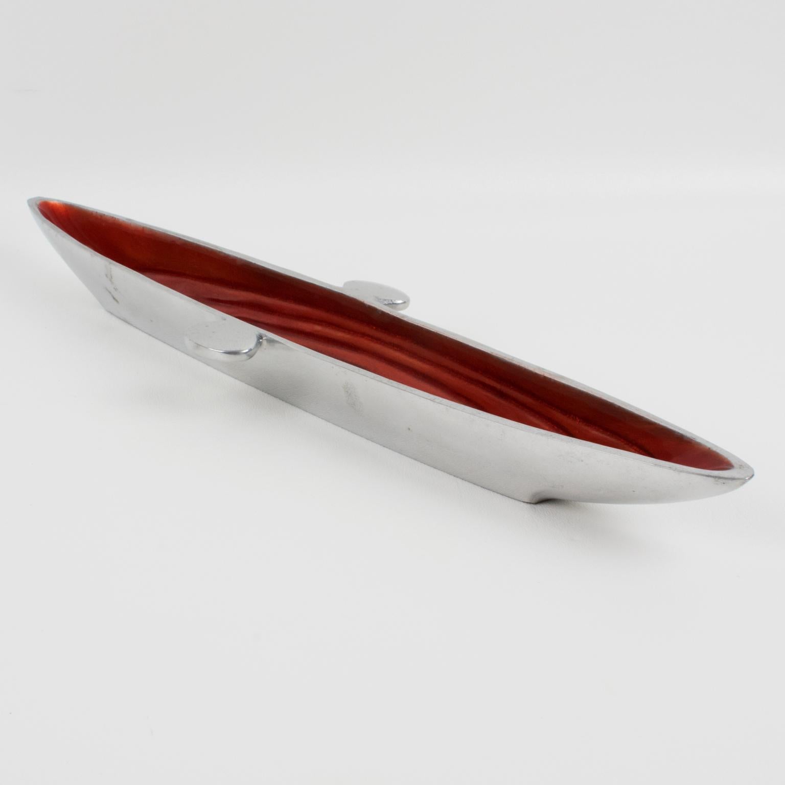 Metal Space Age Vide Poche, Bowl, Catchall or Desk Tidy Aluminum and Red Enamel