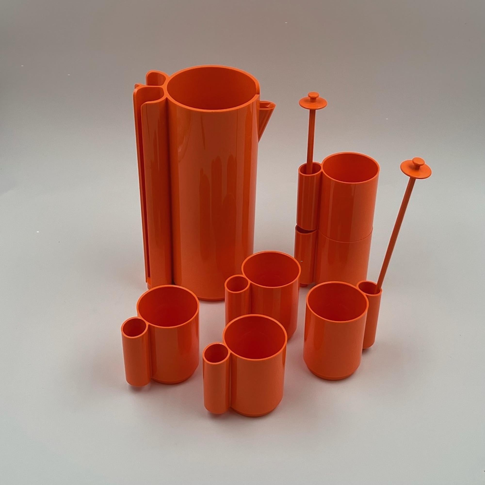 Plastic Space Age Drinking Set Orangeade by Jean Pierre Vitrac, 1970s, Set of 9 For Sale