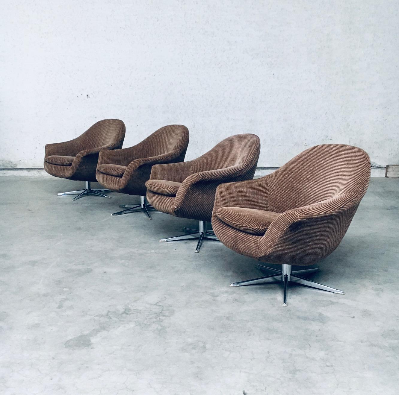 Vintage Mid-Century Modern Scandinavian Design Space Age Swivel EGG Lounge Chair set of 4. Made in the 1970s. In the style of Overman, Sweden. Pod model on swivel base. Brown fabric on chrome feet. All 4 are in good overall original condition. They
