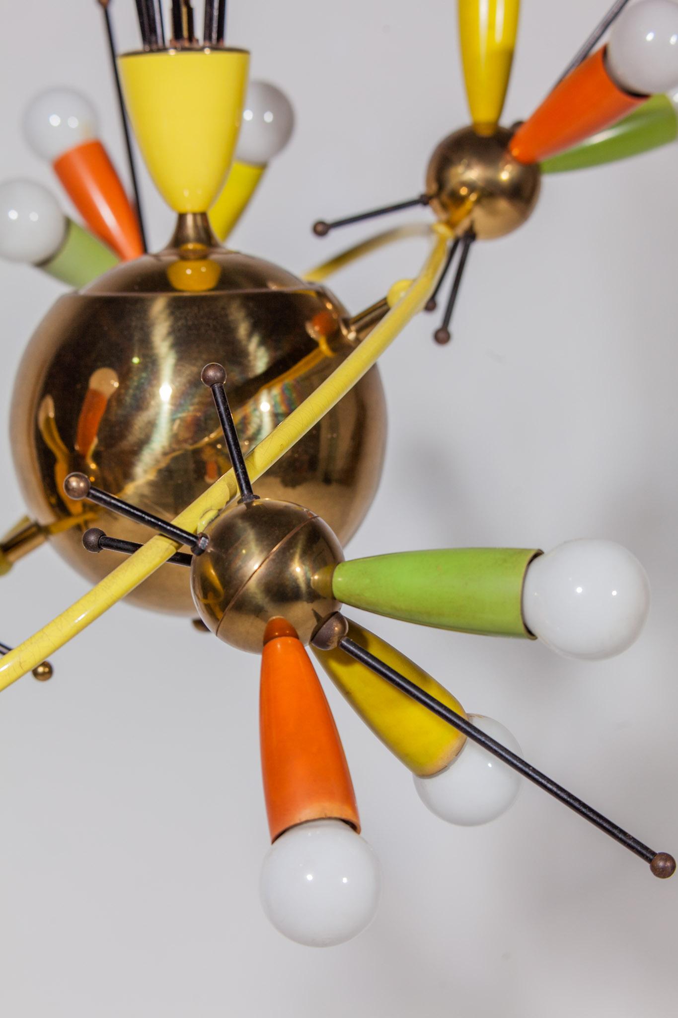 Space Age Fifties Brass Multicolored Chandelier Style Angelo Lelli, 1959 For Sale 4