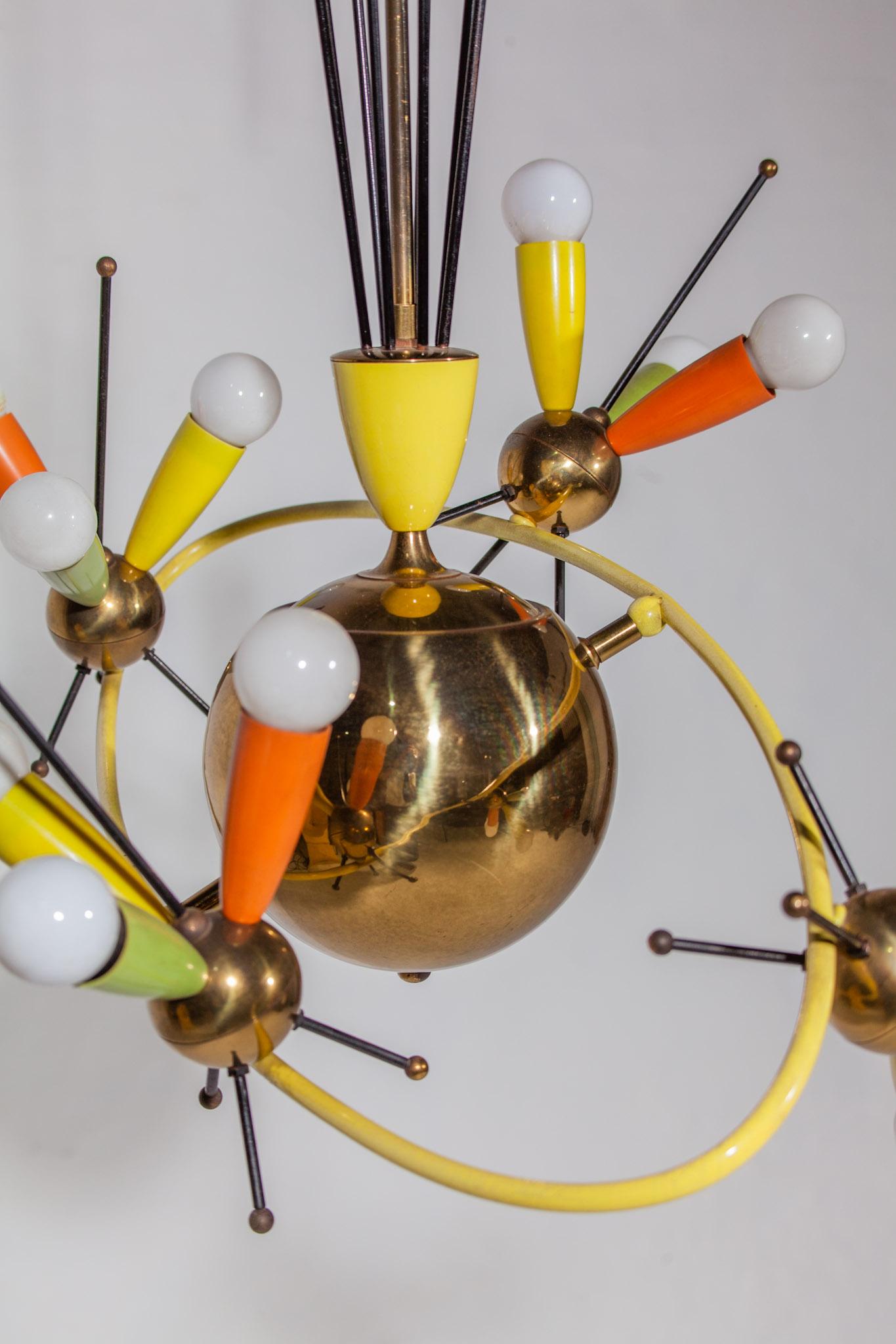 Space Age Fifties Brass Multicolored Chandelier Style Angelo Lelli, 1959 For Sale 6