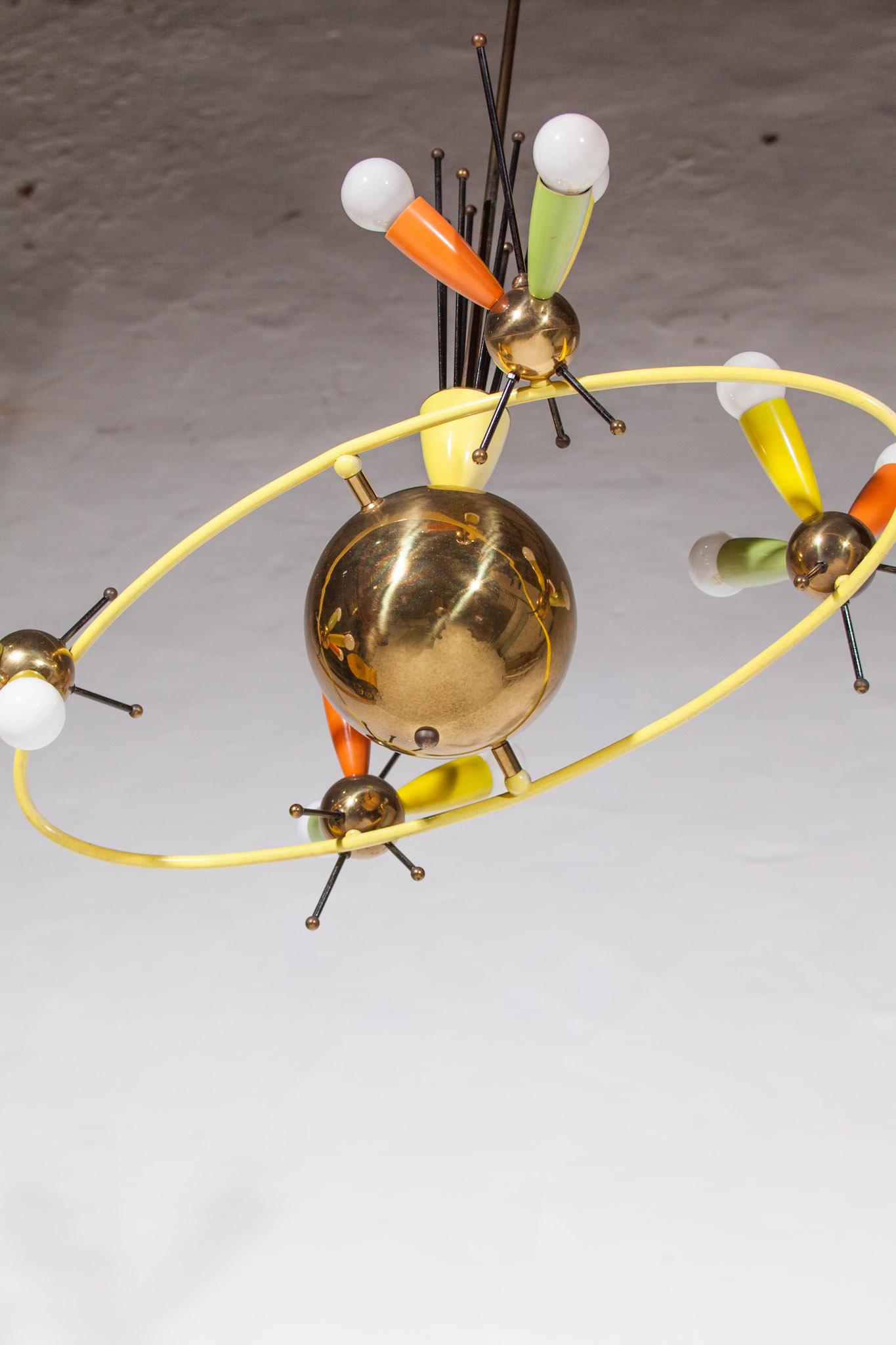 Space Age Fifties Brass Multicolored Chandelier Style Angelo Lelli, 1959 For Sale 9