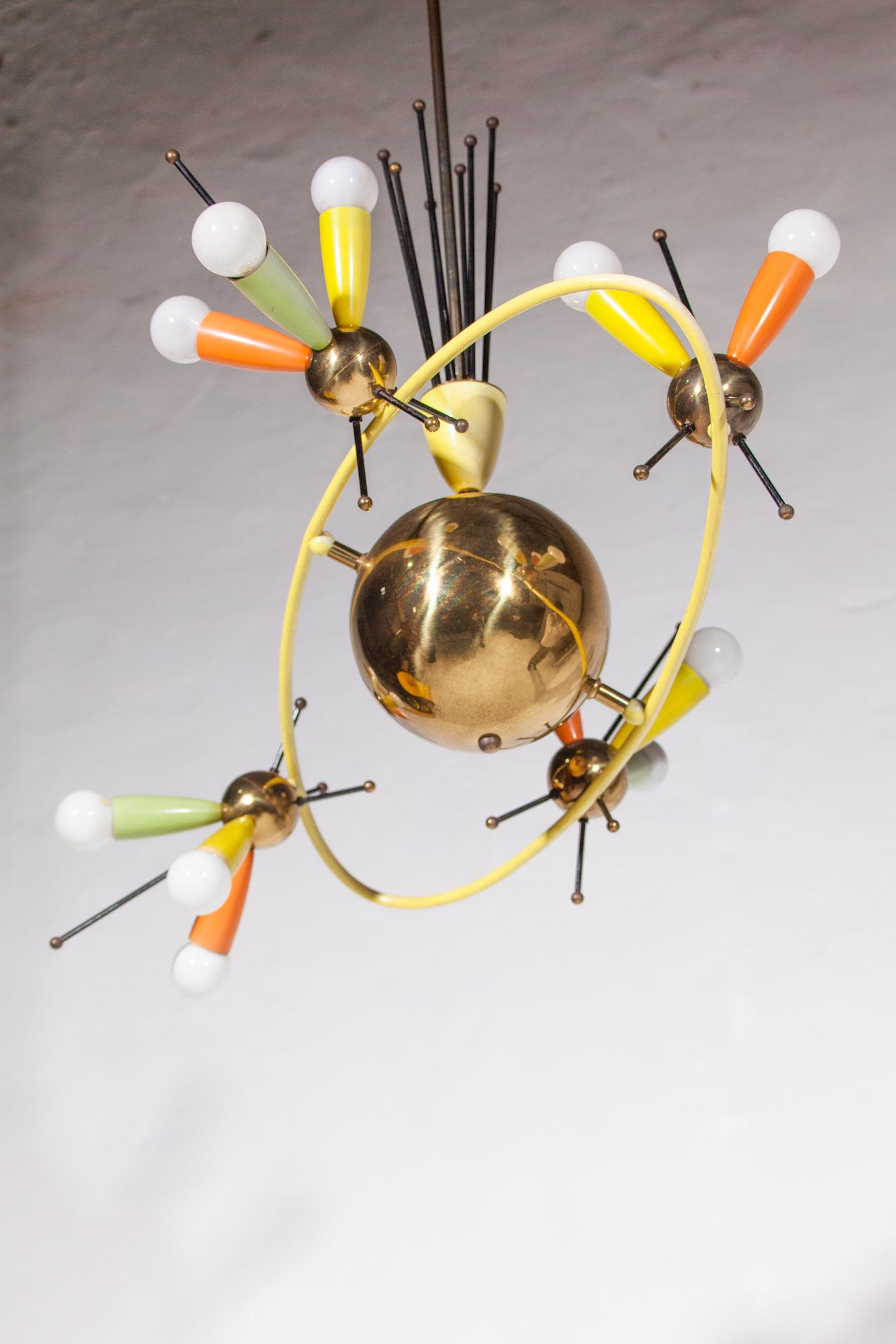 Space Age Fifties Brass Multicolored Chandelier Style Angelo Lelli, 1959 For Sale 10
