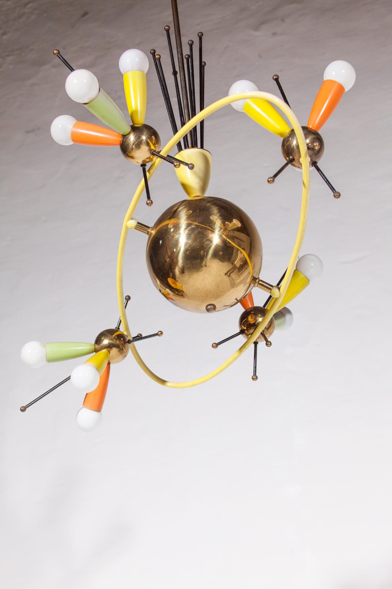 Space Age Fifties Brass Multicolored Chandelier Style Angelo Lelli, 1959 For Sale 11
