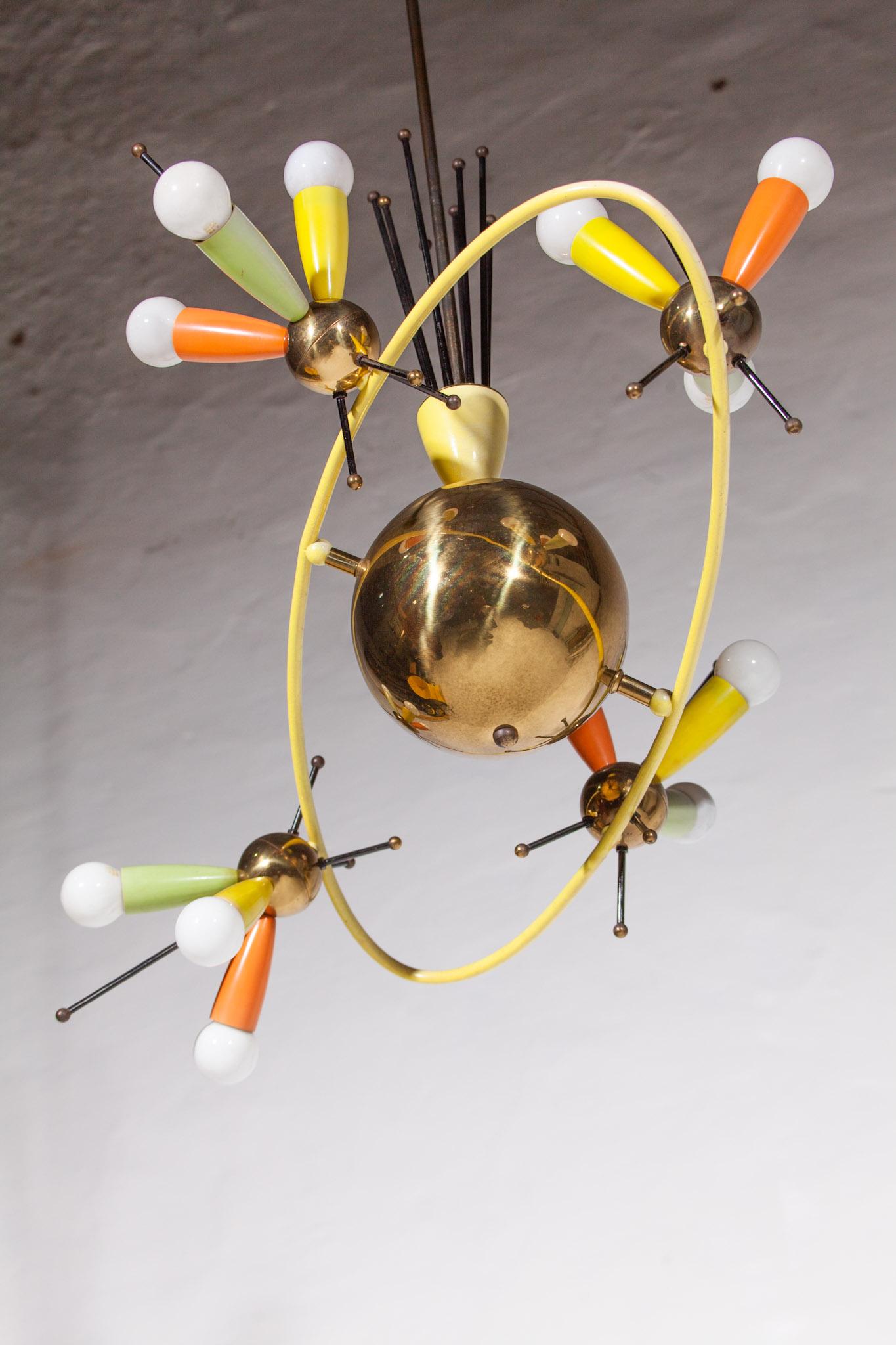 Space Age Fifties Brass Multicolored Chandelier Style Angelo Lelli, 1959 For Sale 12